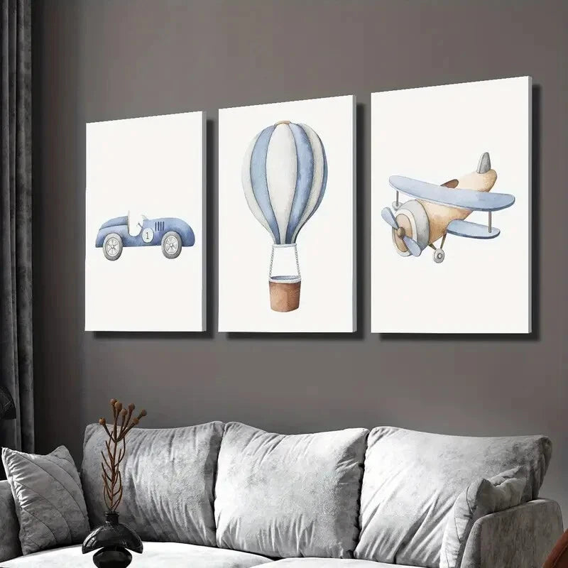 3-Piece Cartoon Vehicles Wall Art Set - Cars & Hot Air Balloons Framed Canvas 40x60cm | High Quality Print | 100% Australian Made | Ready to Hang | Perfect for Kids' Room & Nursery Decor