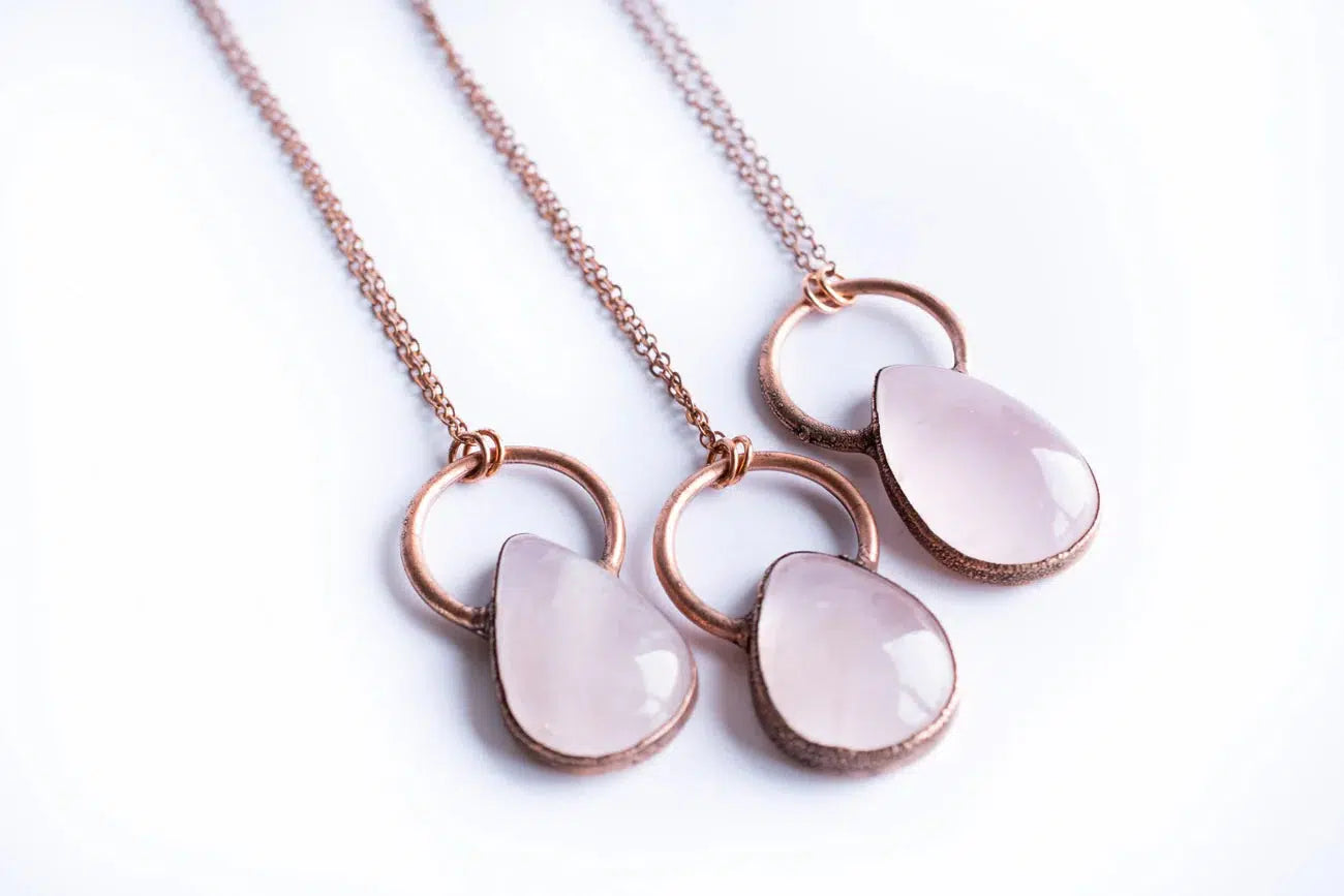 Rose Quartz and Copper Teardrop Necklace - Healing Crystal Jewelry for Women - Perfect for Meditation, Yoga & Spiritual Gifts