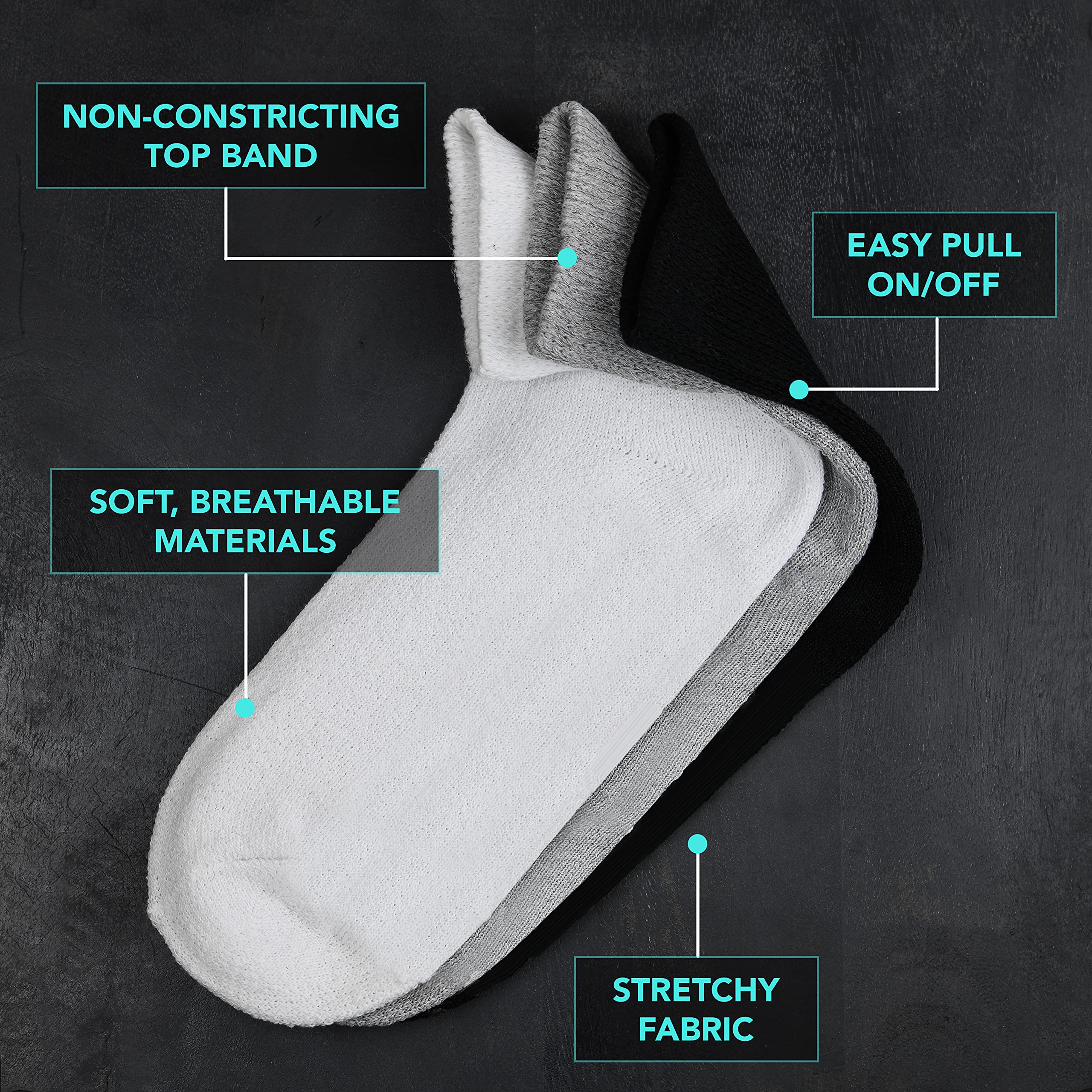 Diabetic Ankle Crew Socks for Men & Women - Non-Binding Loose Fit Comfort Socks (12 Pairs) - Ideal for Diabetes, Swollen Feet & All-Day Wear