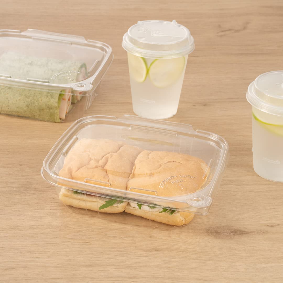 Restaurantware Tamper Tek 24oz (100 Pack) Clear Plastic Take Out Containers with Hinged Lid - Tamper-Evident, Freezable, Disposable Meal Prep Containers for Deli, Lunches, Catering & Food Storage