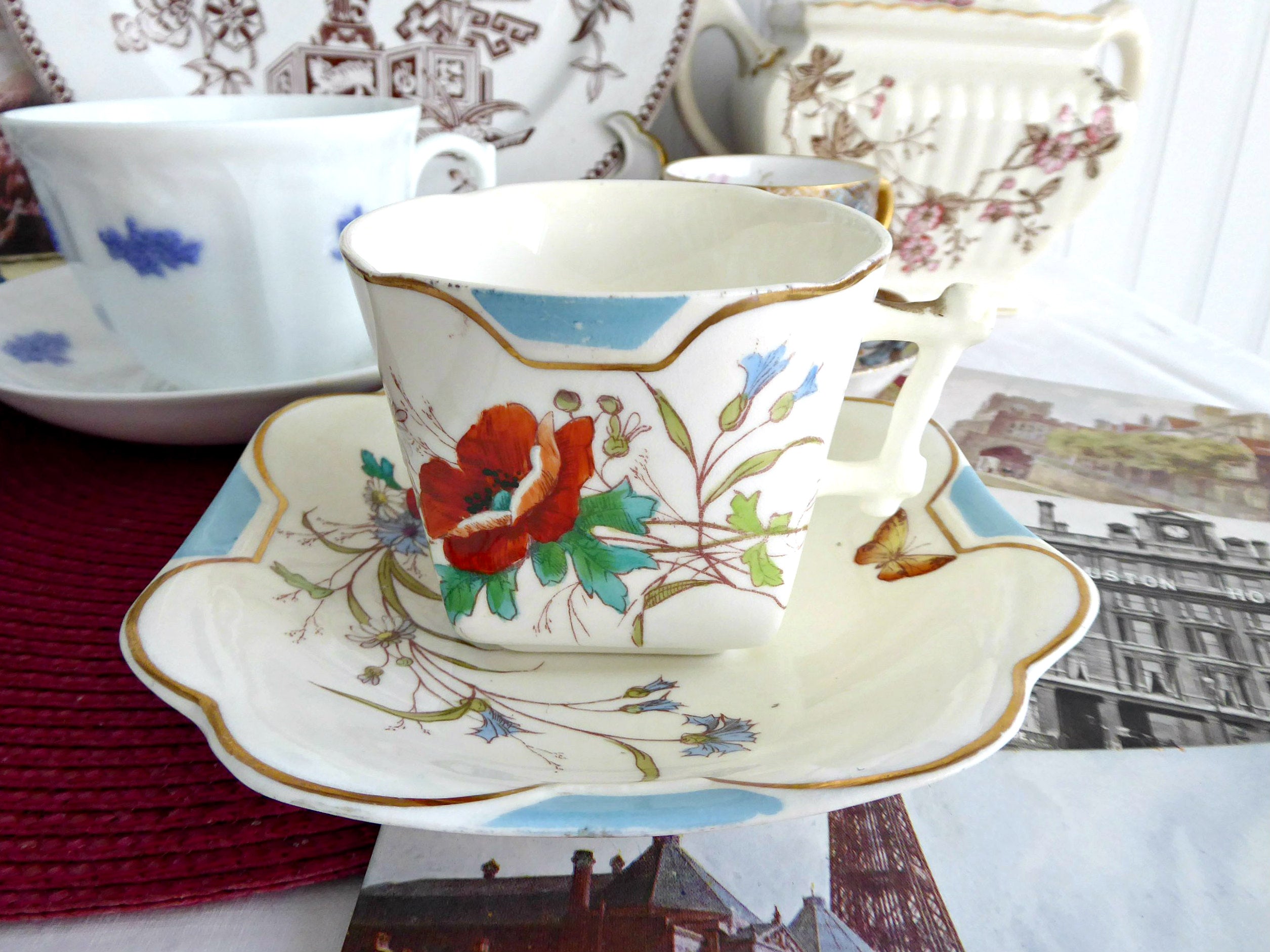 Antique Staffordshire Aesthetic Cup and Saucer Set - Hand-Painted 1880s Poppies & Butterflies Design - Perfect for Tea Parties, Vintage Collections, and Home Decor