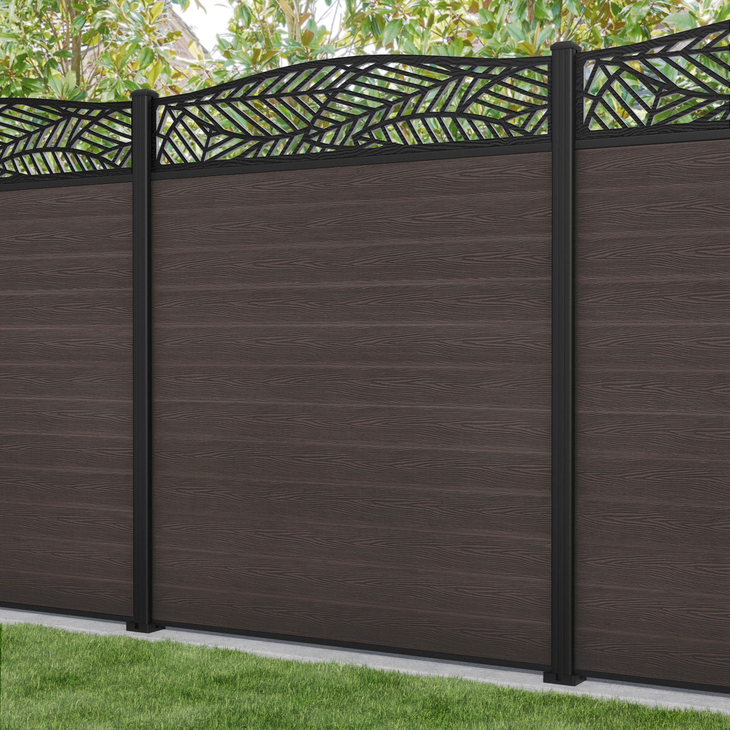 Classic Habitat Curved Top Fence Panel - Mid Brown Wooden Privacy Fence with Aluminum Posts | Outdoor Garden, Yard, and Backyard Decoration & Security Solution