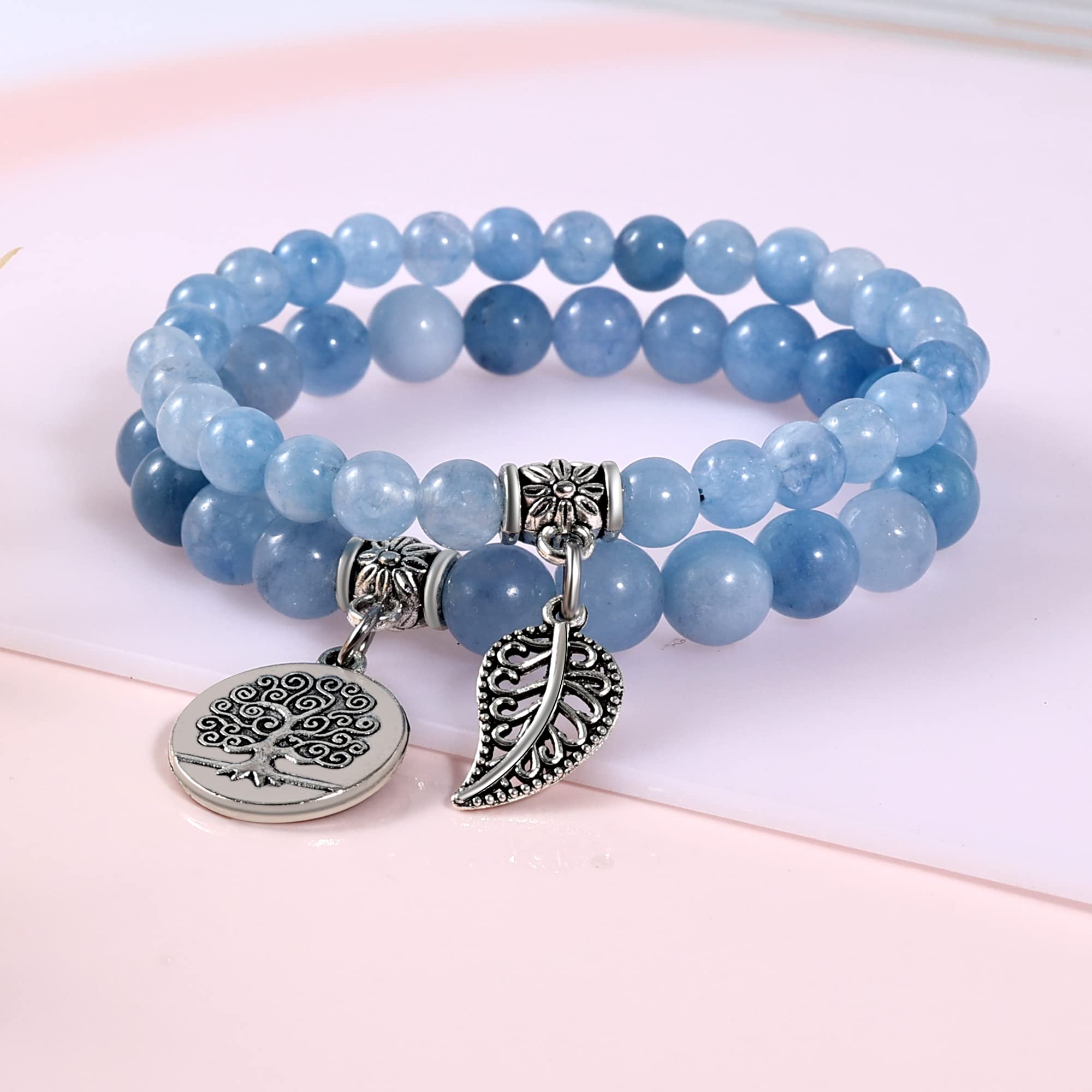 Bivei Natural Semi-Precious Gemstone Beads Stretch Bracelet for Women - Life Tree & Leaf Charm, Energy Healing, Reiki Crystal Bracelet | Yoga, Meditation, Spiritual Gifts, Boho Jewelry