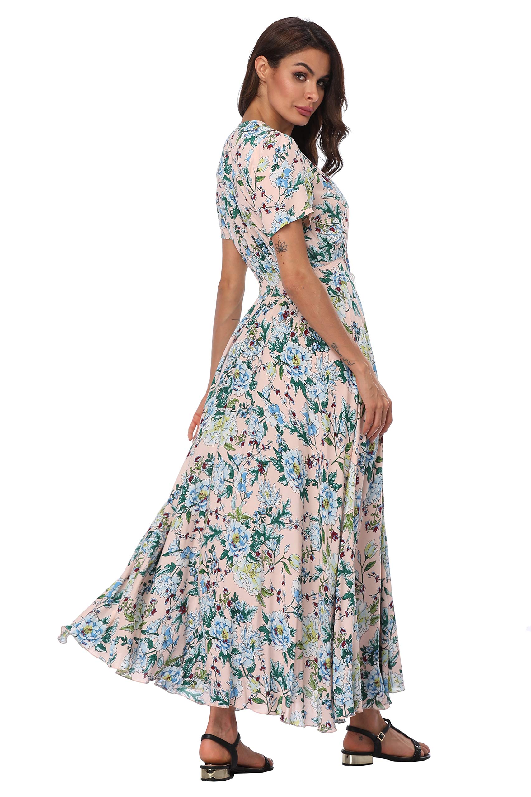 Boho Floral Maxi Dress for Women - Summer Button Up Long Dress with Side Slit & Flowy Skirt | Beach Party, Vacation, Wedding Guest Outfit
