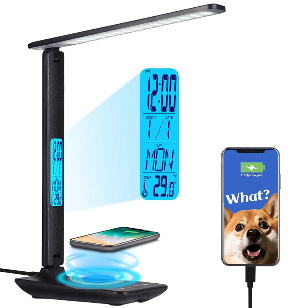 Multifunctional LED Desk Lamp with Wireless Charger & USB Port - Adjustable Study Light with Clock & Phone Holder for Home Office, Reading, Gaming - Eye-Caring Desk Lamp for Students, Teens, Boys & Girls (Black) - Perfect for Night Studying, Work from Home & Bedside Use