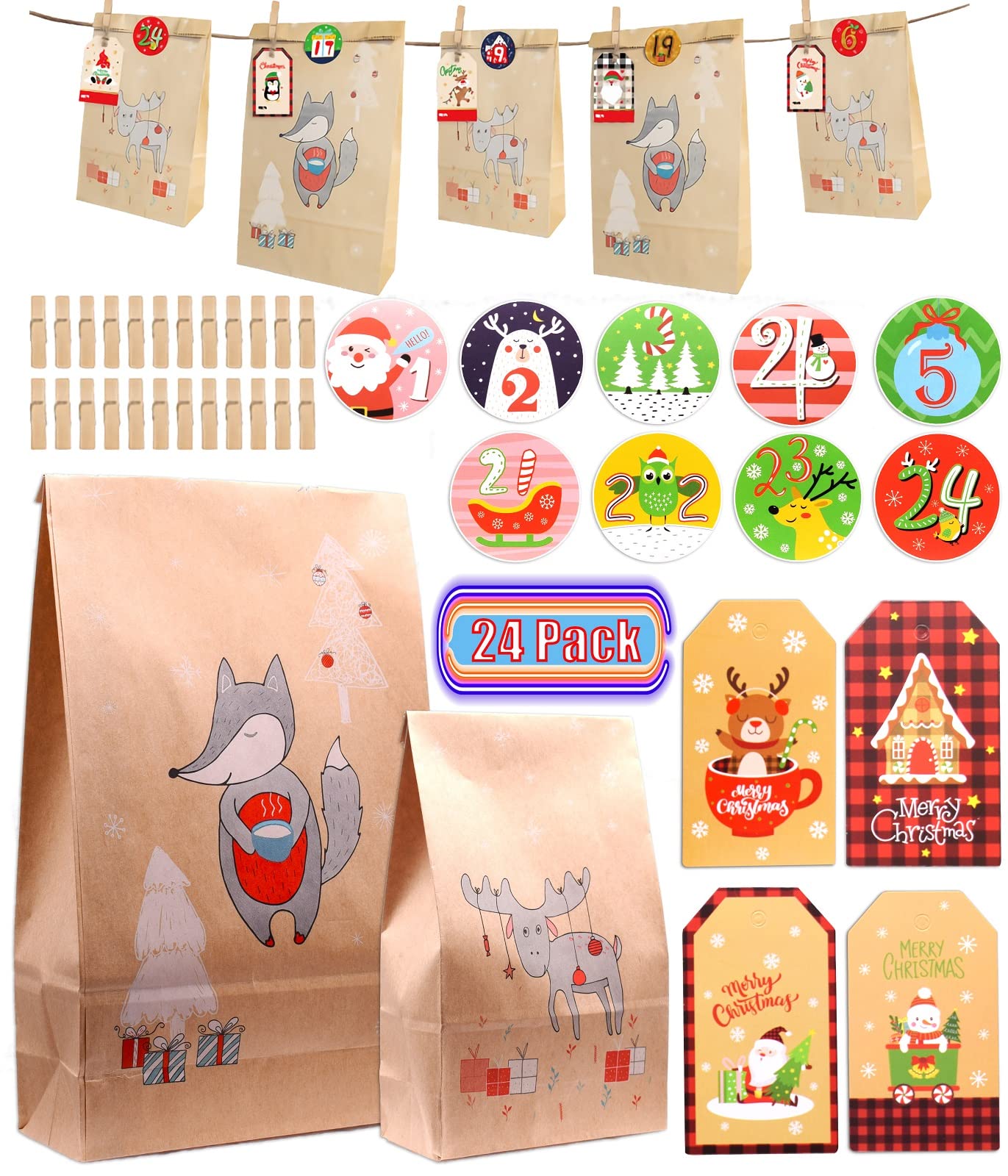 24 Pack Christmas Treat Bags - Holiday Party Favors, Advent Calendar & Gift Wrapping Bags with Assorted Tags for Xmas Parties, Classroom Decorations & Festive Gifting (2023 Newest) - Perfect for Holiday Celebrations, School Events & Christmas Gift Exchanges