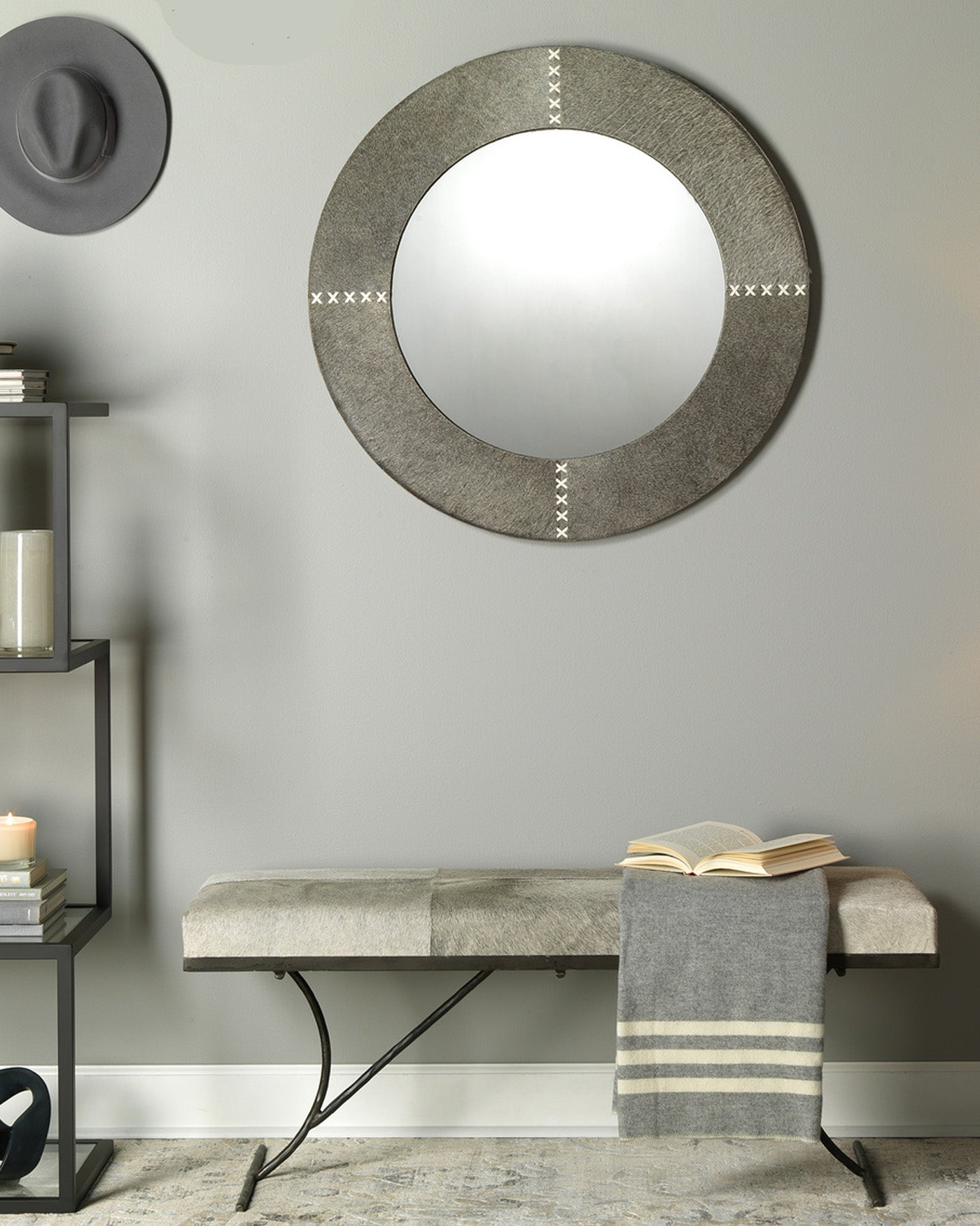 Round Cross Stitch Mirror with Grey Hide Frame - Elegant Home Decor for Living Room, Bedroom, or Entryway