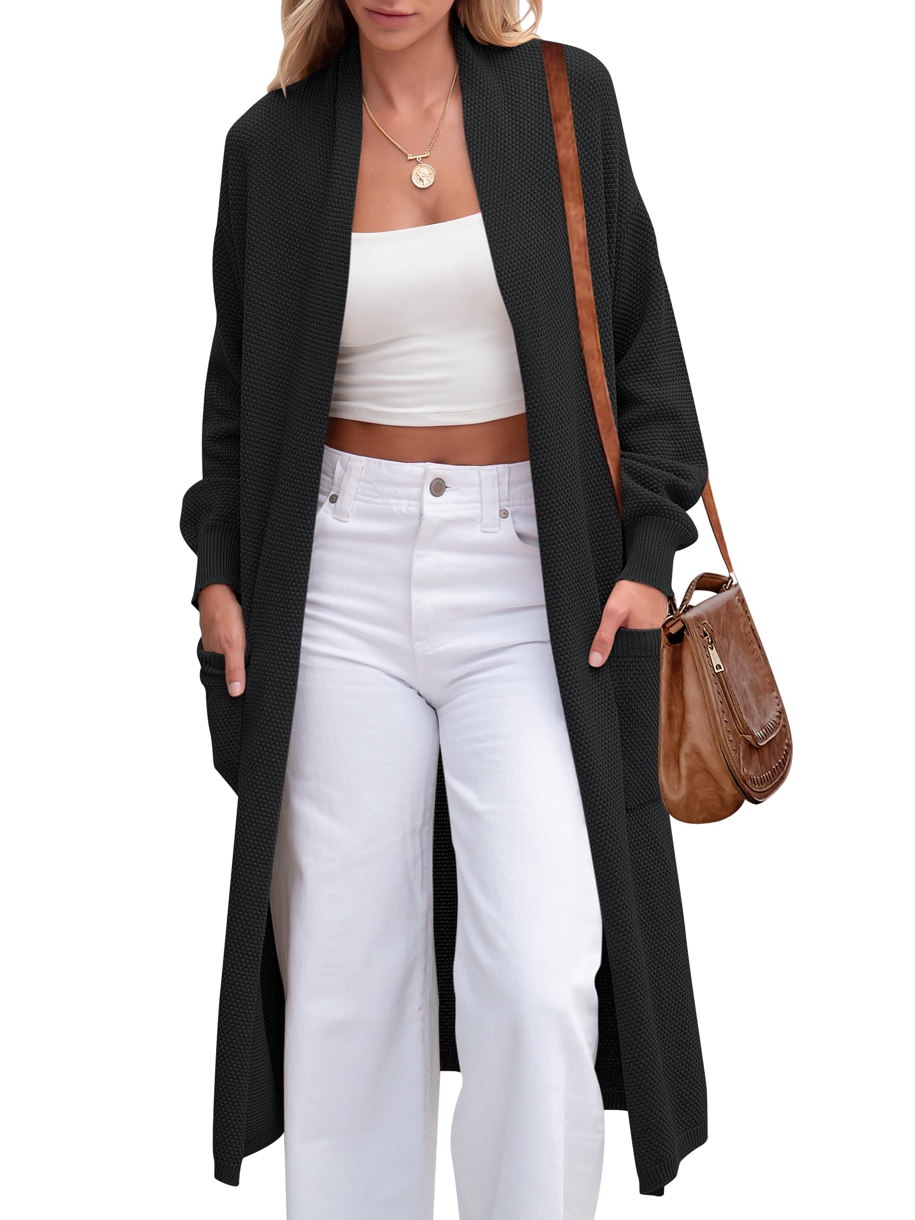 ANRABESS Women's Long Cardigan Sweater - Open Front Long Sleeve Oversized Coatigan, Chunky Knit Waffle Design for Winter 2024 | Perfect for Layering, Office Wear & Casual Outfits