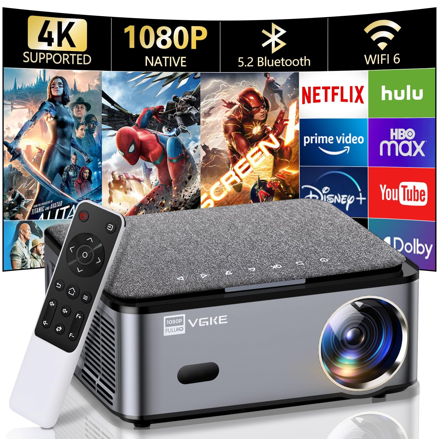 VGKE Smart 4K Android TV Projector with WiFi & Bluetooth - 800 ANSI Lumens, Native 1080P, Electric Focus & Keystone - Home Theater Projector for iPhone, Fire TV Stick, HDMI, USB - Perfect for Outdoor Movies, Gaming & Presentations