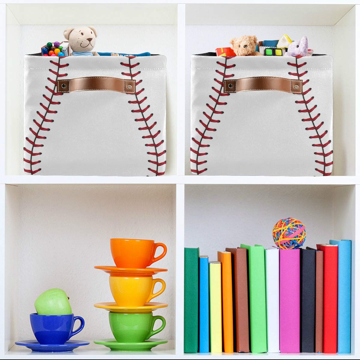 Collapsible Storage Bins 2-Pack, 15x11x9.5 Inch - Foldable Cube Baskets with Baseball Laces for Closet, Nursery, Kids Bedroom & Laundry Organization - Perfect for Toys, Shelves & Home Storage Solutions