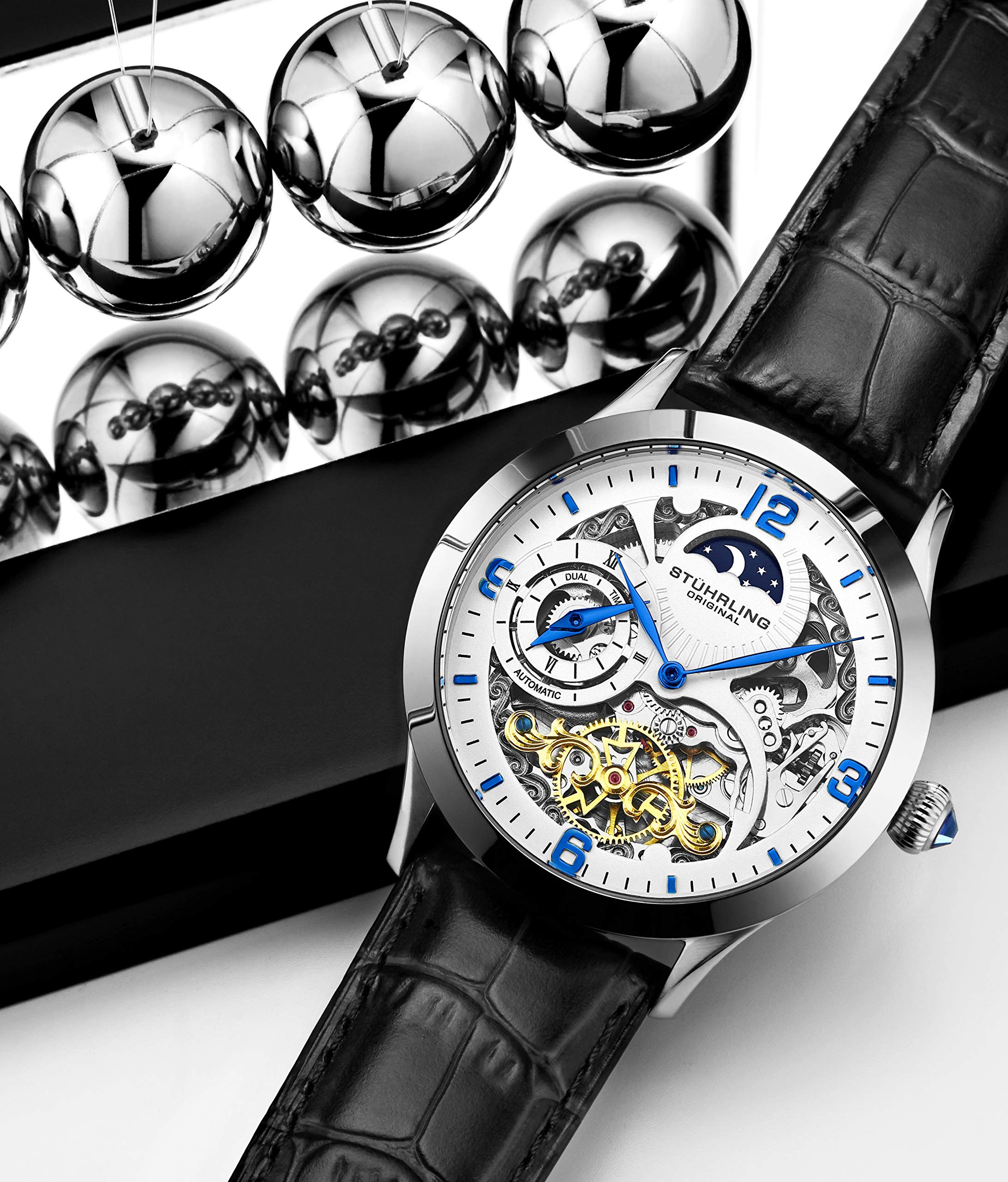 Stuhrling Original Men's Automatic Skeleton Watch with Dual Time, AM/PM Sun Moon Display & Genuine Leather Band - Luxury Dress Watch for Business, Formal Occasions & Everyday Wear