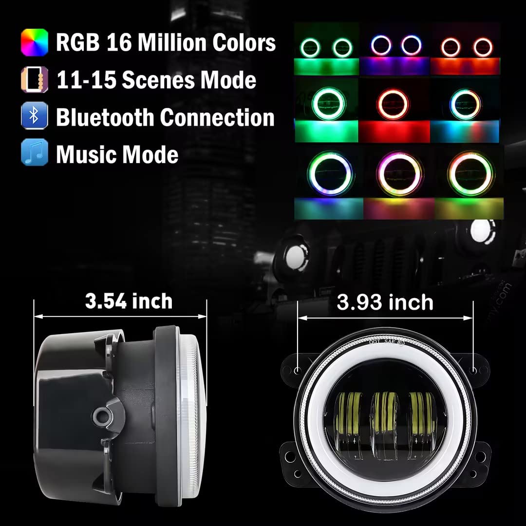 4 Inch RGB LED Fog Lights for Jeep Wrangler JK 2007-2018 | Bluetooth Controlled Halo Fog Lights with Flashing Modes | Off-Road, Night Driving & Custom Car Lighting
