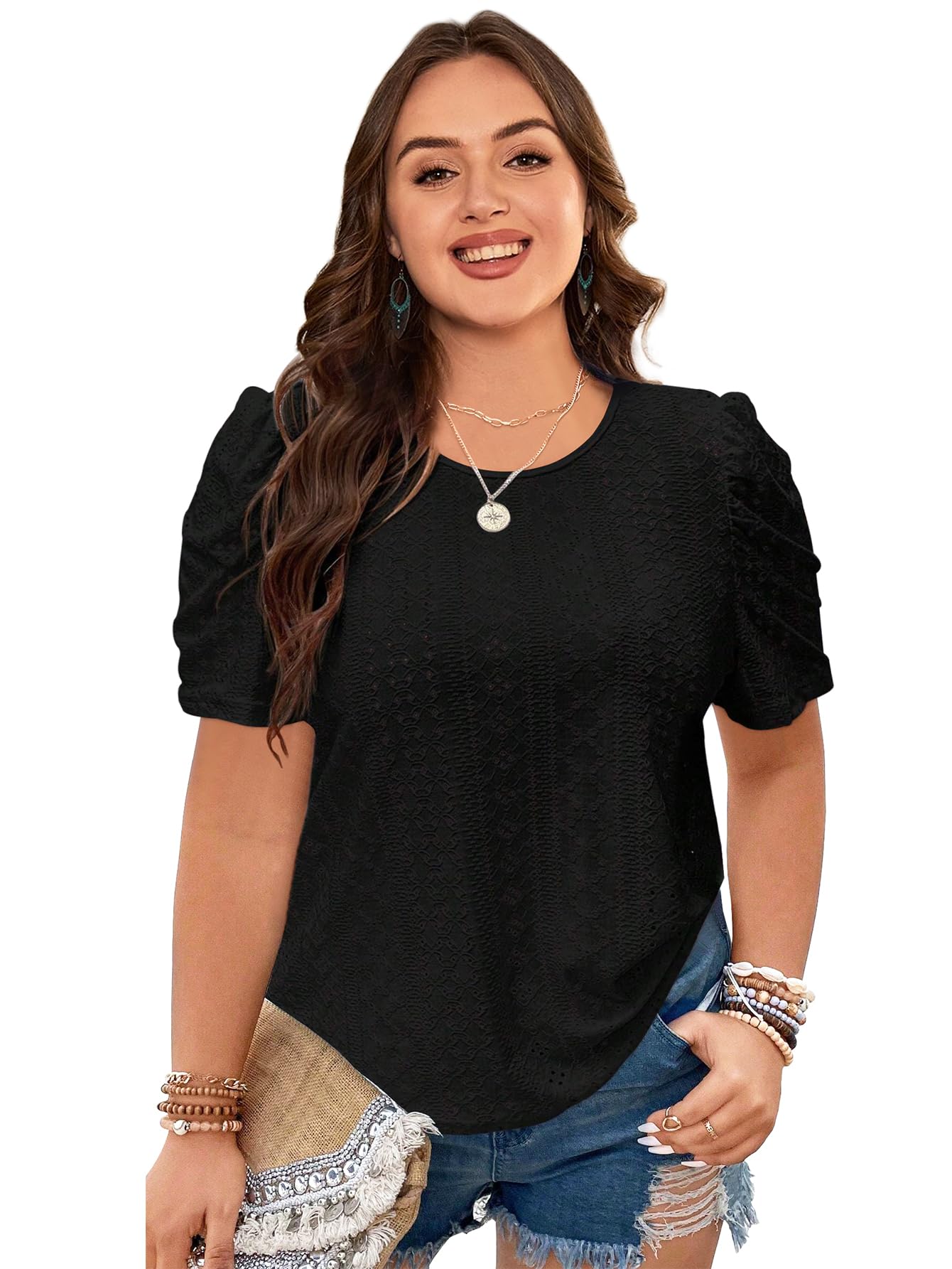 2025 Women's Plus Size Eyelet Embroidery Puff Sleeve Blouse - Soft Crew Neck Casual Loose Fit T-Shirt Top for Work, Date Night & Summer Outfits