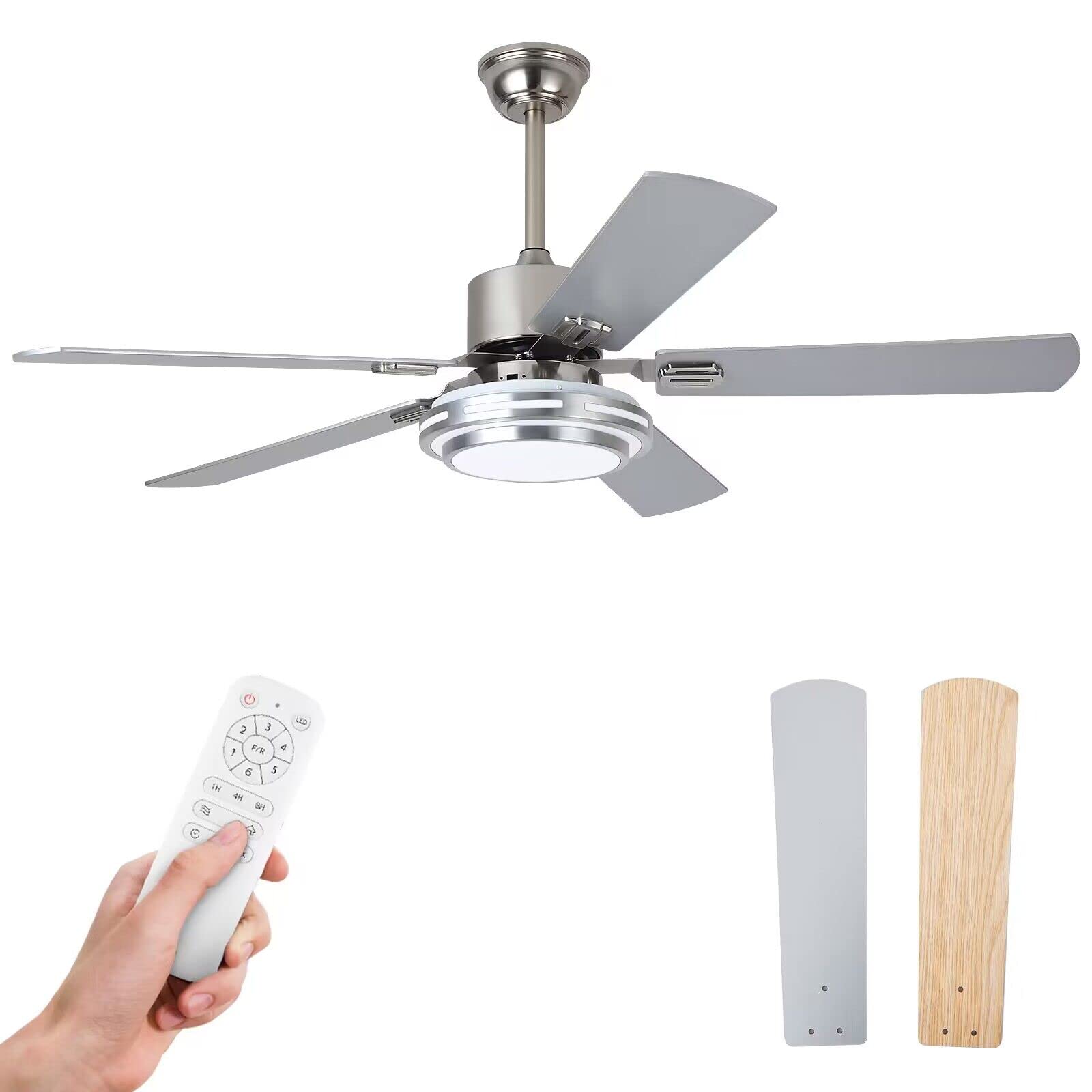 Chriari 52 Inch Modern Ceiling Fan with Lights and Remote Control - Low Profile Wood Blades, 5 Silver Blades, Quiet Reversible DC Motor, 6 Speed Settings, Dimmable LED Light, Smart Timer - Perfect for Living Room, Bedroom, and Home Office