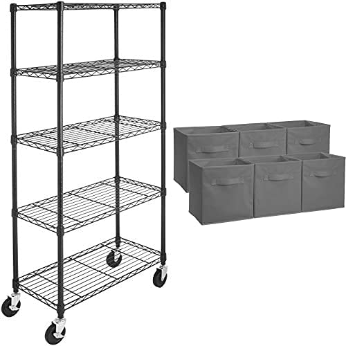 Amazon Basics 5-Shelf Adjustable Heavy Duty Metal Storage Shelving Unit with 4'' Wheel Casters - Black Wire Rack Organizer & Collapsible Fabric Storage Cubes with Handles (6-Pack) - Perfect for Garage, Closet, Pantry & Office Organization