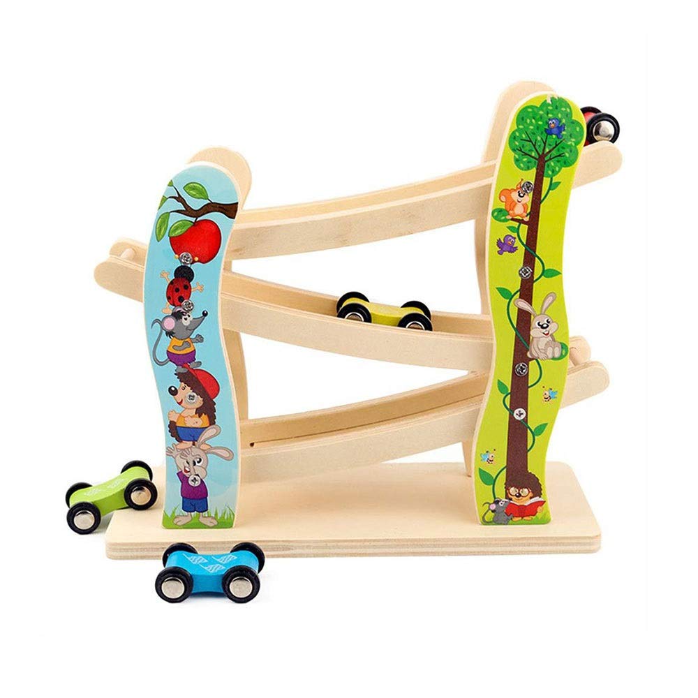 ROIY Wooden Car Ramp Toy Set with 4 Mini Cars & Parking Garage - Montessori Learning Toys for Toddlers 1-3 Years | Race Track Playset for Boys & Girls | Birthday Gifts for Kids - Perfect for Indoor Playtime & Early Childhood Development