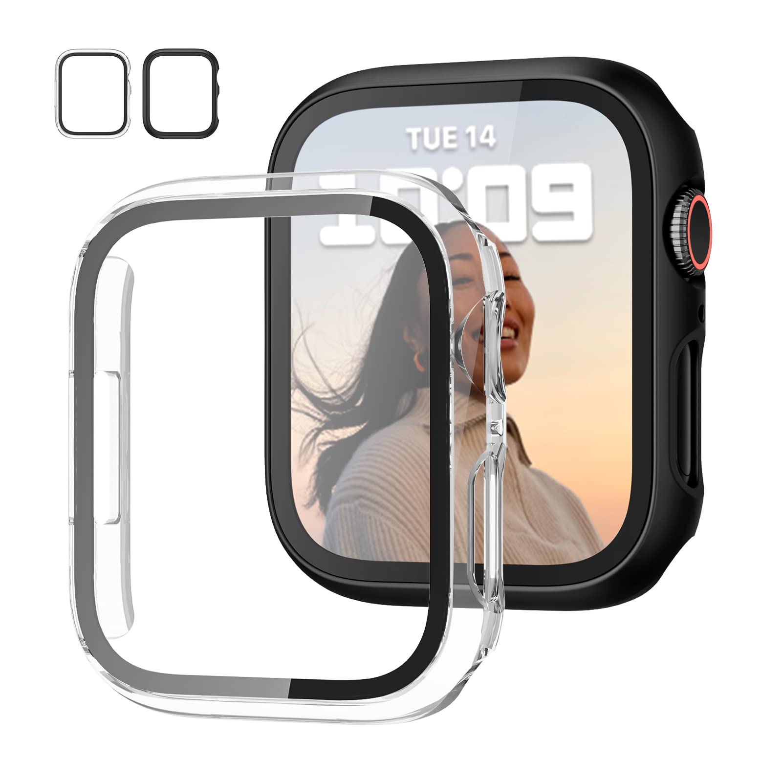 2 Pack Protective Case with Tempered Glass Screen Protector for Apple Watch Series 9/8/7 41mm - Slim Hard PC Bumper Cover for iWatch 41mm Accessories (Black+Clear) | Perfect for Gym, Running & Outdoor Activities