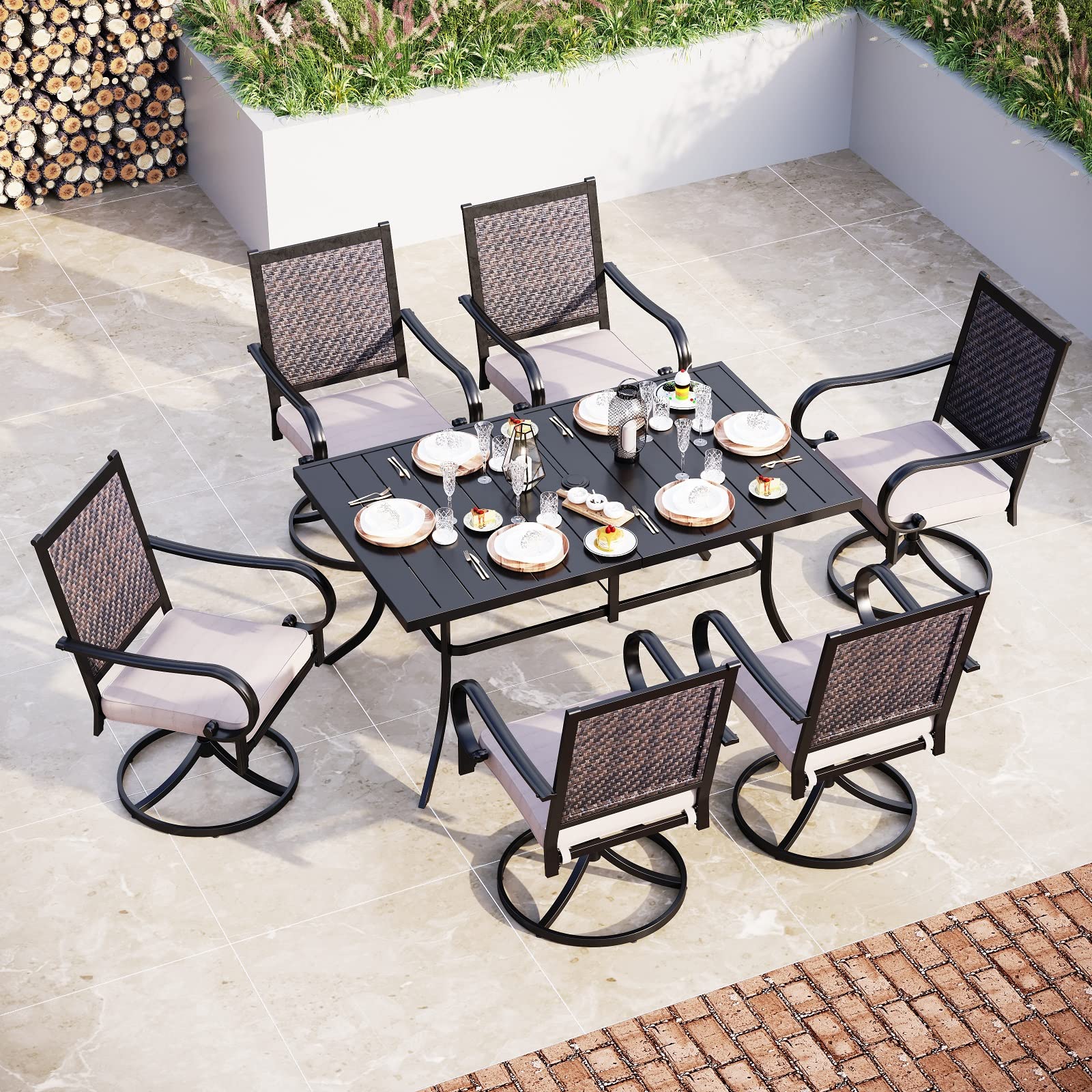 Sophia & William 7-Piece Patio Dining Set - Weather-Resistant Rattan Wicker Outdoor Furniture with 6 Chairs & 1 Metal Umbrella Table for Garden, Backyard, Lawn | Perfect for Outdoor Entertaining & Alfresco Dining