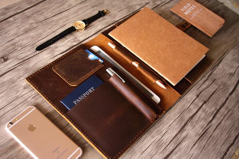 Premium Rustic Engraved Leather Portfolio Holder - Professional Document Organizer for Business Meetings & Office Use