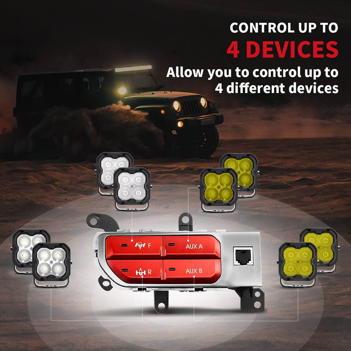 LASFIT Auxiliary Switch Bank Kit - 4 Button Dash Panel for Jeep Wrangler JL (2018-2023) & Gladiator JT (2019-2023) - OEM Style Plug & Play Front/Rear Locker Switch - No Software Update Needed - Red LED Backlight - Perfect for Off-Roading & Custom Lighting Control