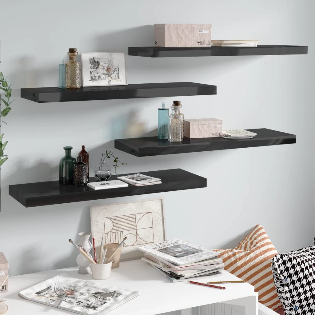 Floating Shelves Set of 4 - Modern Wall Mounted Shelves with Invisible Brackets for Bedroom, Bathroom, Living Room, Hallway - Black High Gloss Finish (31.5