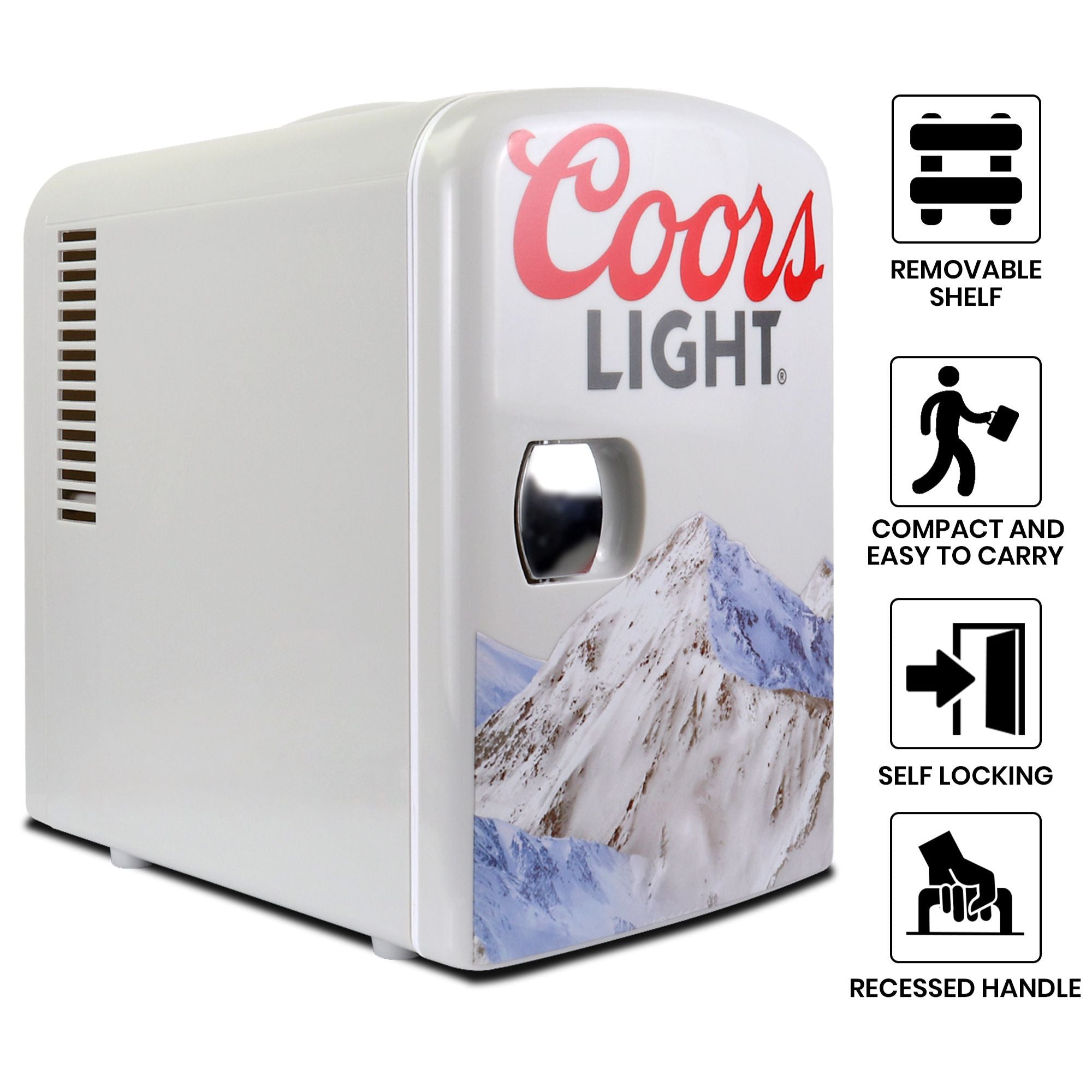 Coors Light 6 Can Mini Fridge - 4L (4.2 qt) Portable Thermoelectric Cooler for Beer, Soda, Snacks & Cosmetics - Compact Desktop Cooler for Home, Office, Dorm & Car - Perfect for Drinks, Skincare & Lunch Storage