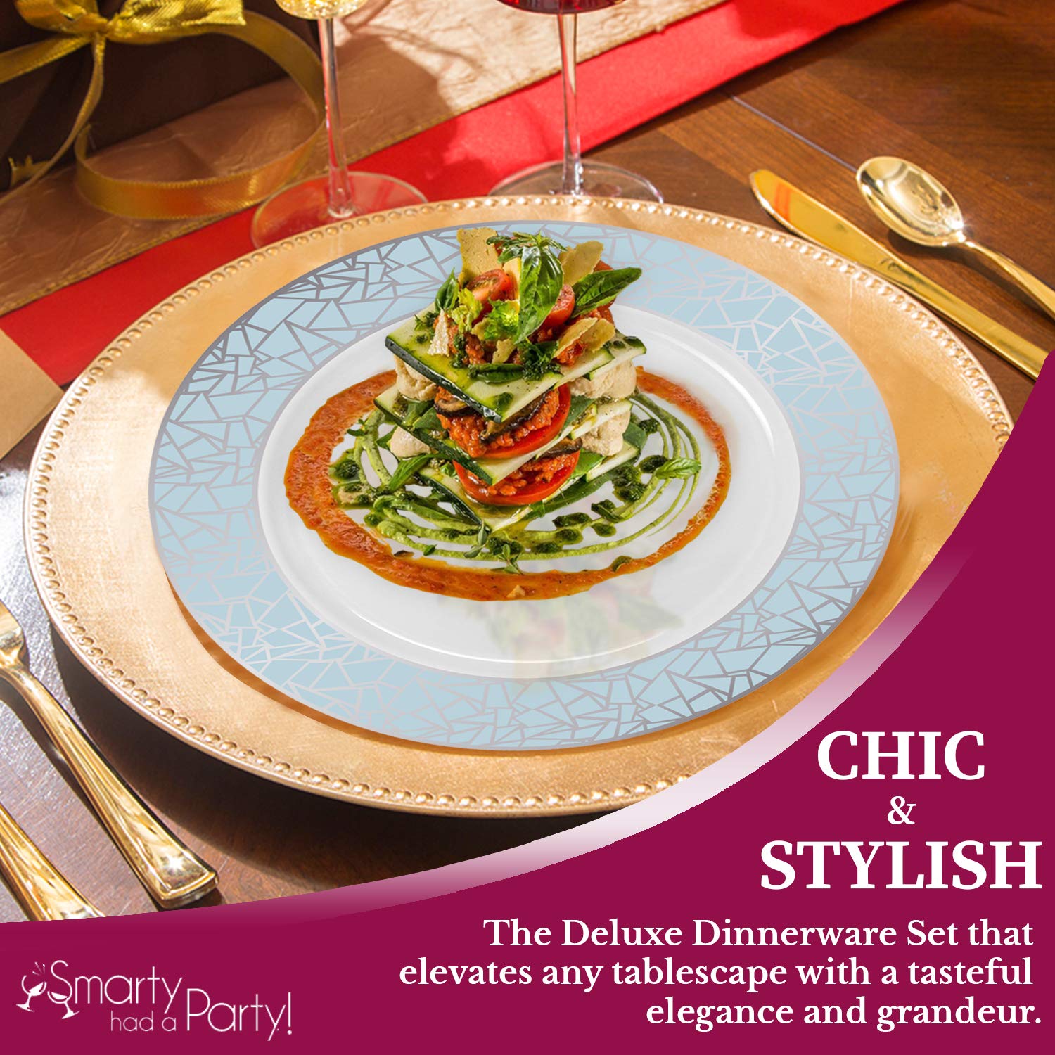 Elegant Disposable Plastic Dinnerware Set for 120 Guests - White with Blue & Silver Mosaic Design, Includes Dinner Plates, Salad Plates, Cutlery & Cups | Perfect for Weddings, Birthday Parties, Catering Events & Special Occasions