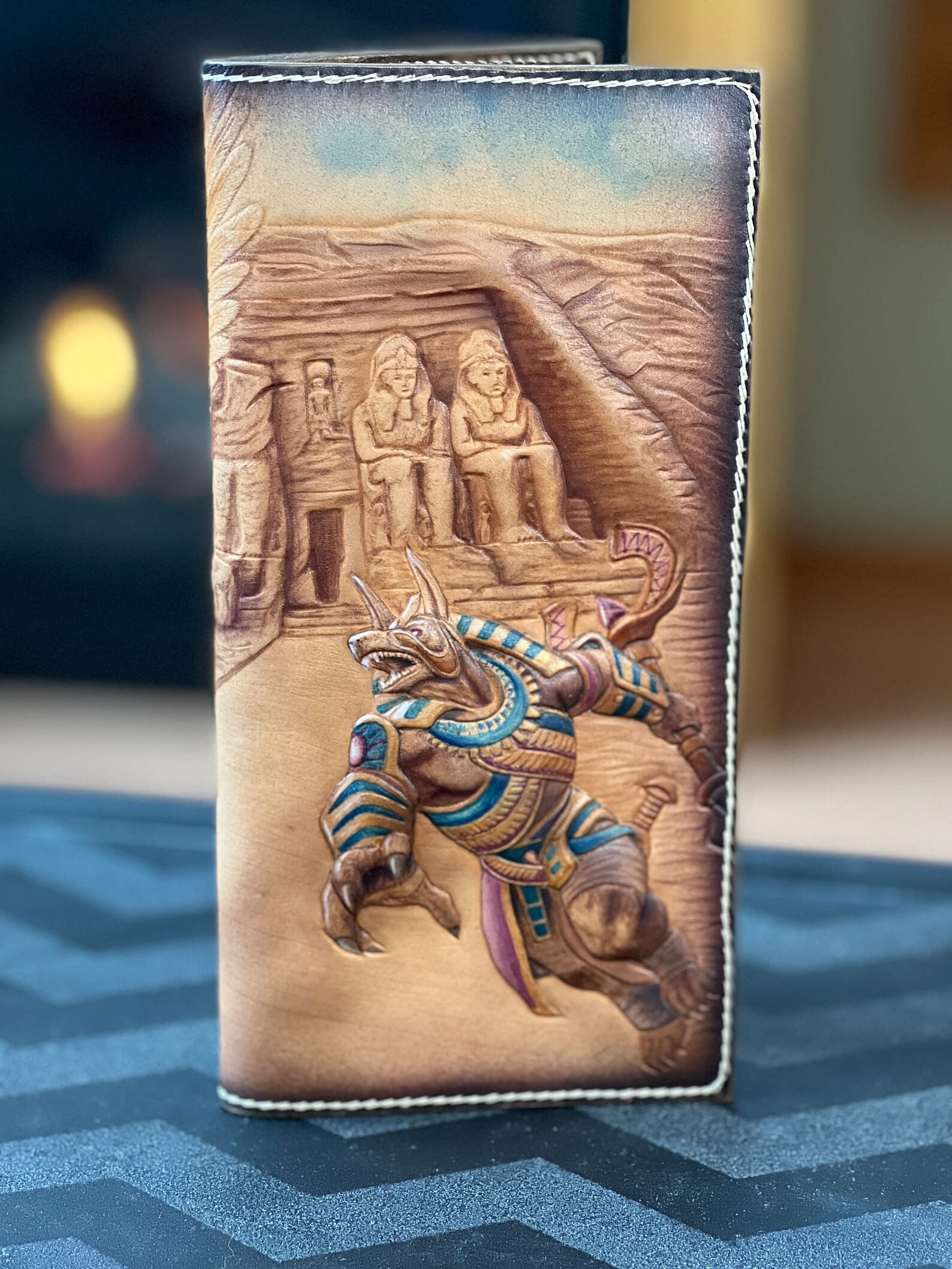 Handmade 3D Genuine Leather Men's Wallet - Custom Engraved Biker Wallet with Egyptian Pyramids, Sphinx & Anubis Design - Perfect Gift for Travelers & Motorcycle Riders
