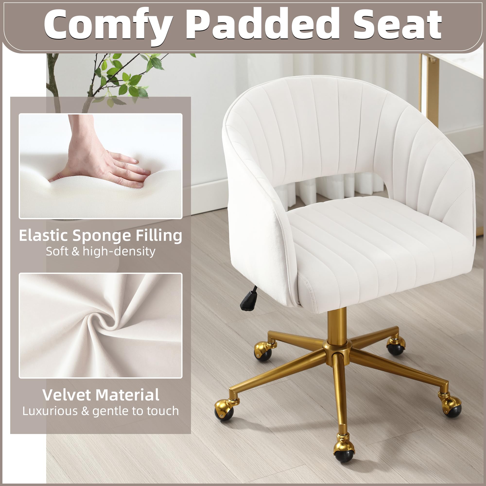 ABET Velvet Swivel Office Chair with Wheels & Adjustable Back - Modern Upholstered Desk Chair with Gold Base for Home, Living Room, Bedroom & Vanity - Cream White | Ergonomic Comfort for Work & Relaxation