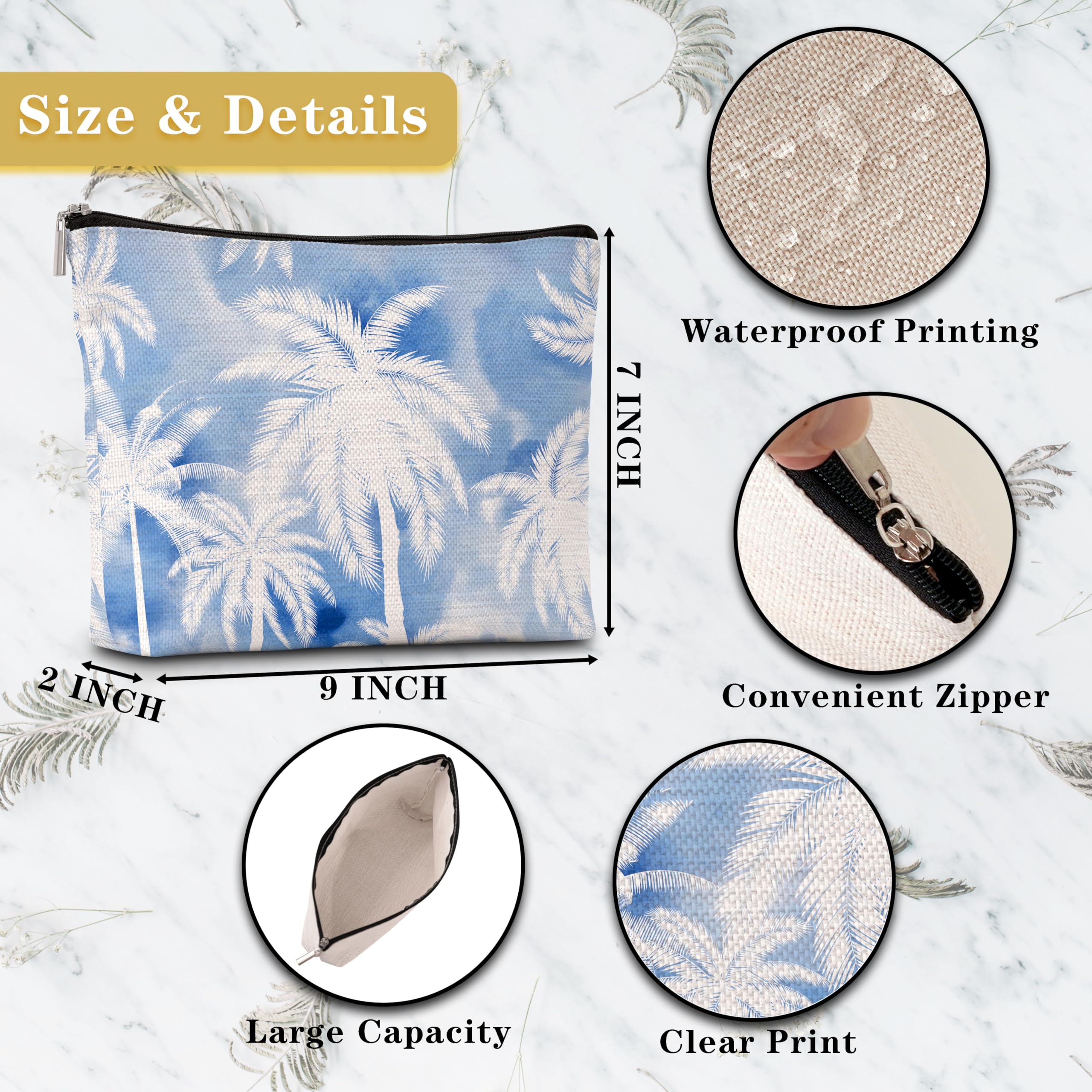 Waterproof Palm Tree Makeup Bag for Women - Small Travel Cosmetic Pouch with Zipper, Cute Makeup Organizer for Teens Girls Friends Mom Sisters - Perfect Gift for Birthday Christmas Wedding Graduation - Great for Travel, Beach Vacation & Daily Makeup Storage