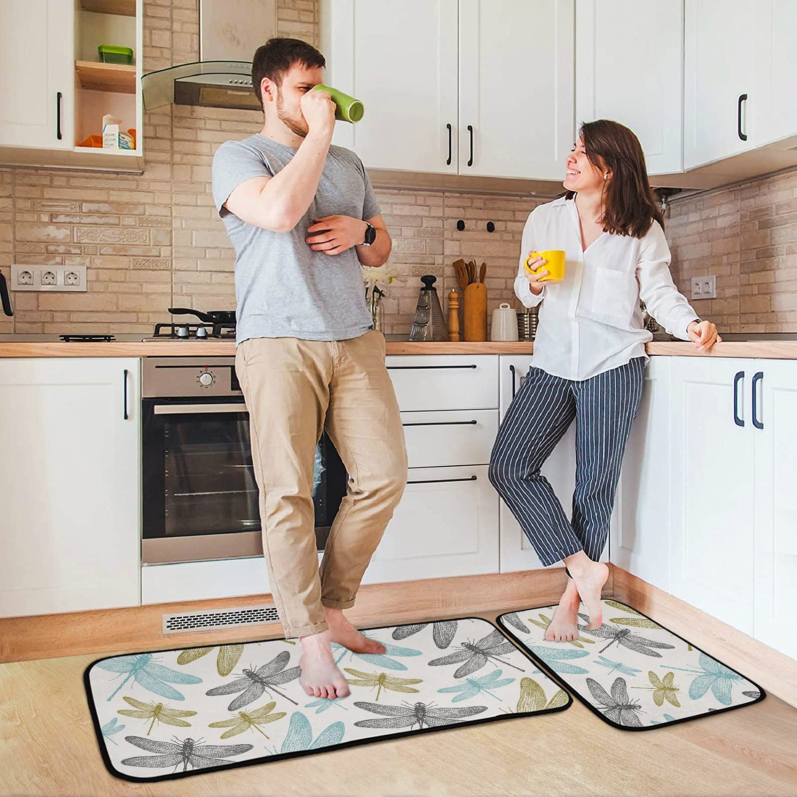 Premium 2-Piece Dragonfly Design Anti-Fatigue Kitchen Rugs - Waterproof Non-Slip Floor Mats with Comfort Elastic Cotton Layer for Kitchen, Home, Office, Laundry & Sink Areas - Perfect for Standing Comfort While Cooking, Washing Dishes or Doing Laundry