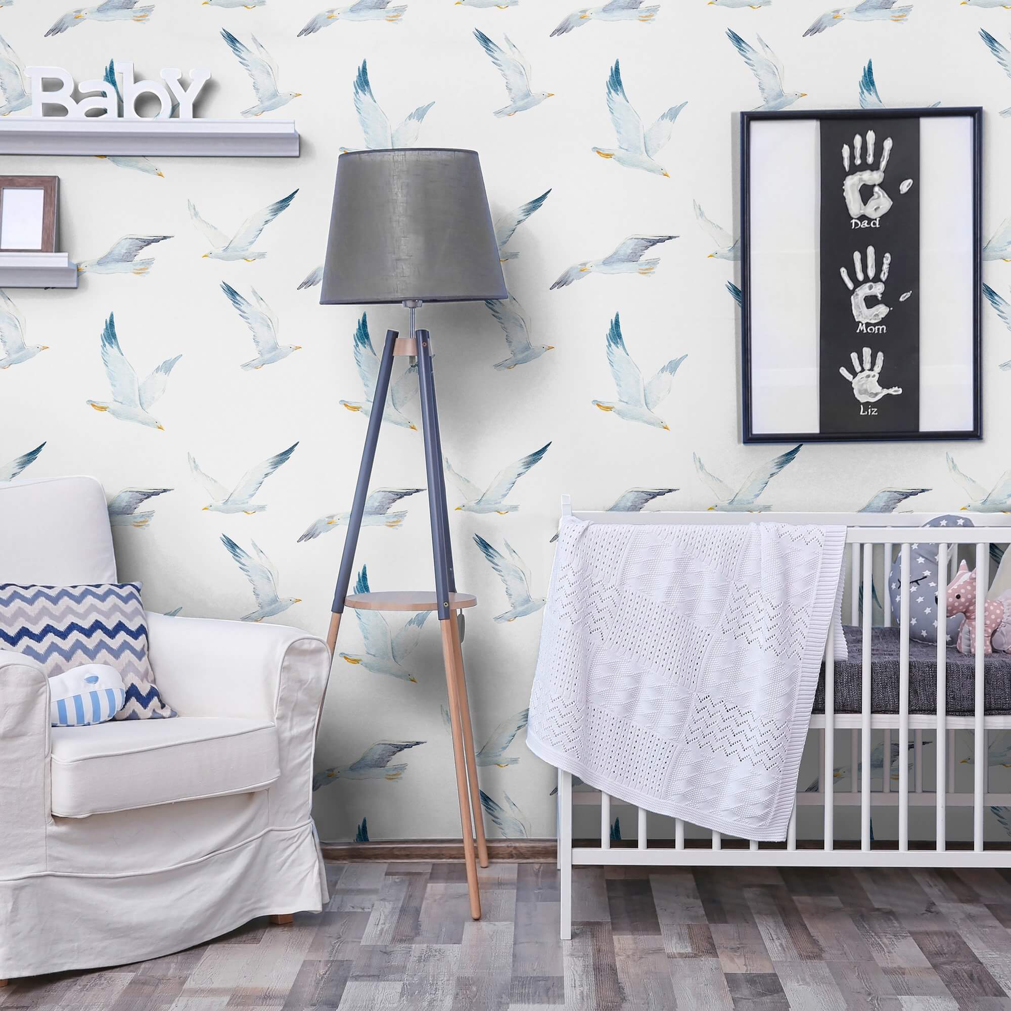 Blue and White Nautical Bird Peel and Stick Removable Wallpaper - Self-Adhesive Decorative Wall Covering for Bedroom, Bathroom, Nursery, or Office Decor
