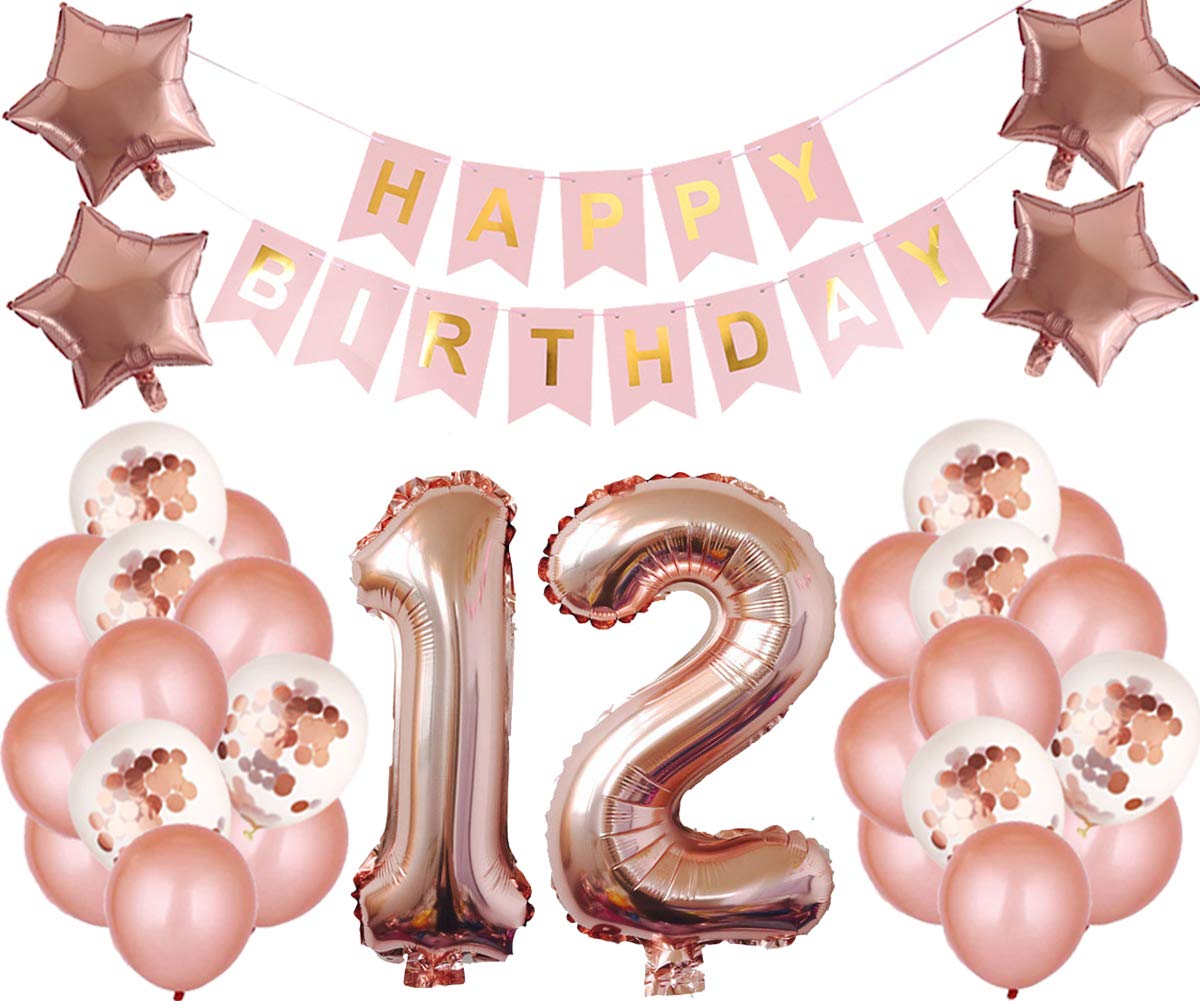 12th Birthday Party Decorations Kit - Happy Birthday Banner, Number 12 Balloons & Rose Gold Party Supplies for Girls & Boys | Perfect for 12th Birthday Celebrations, Decorations & Photo Backdrops