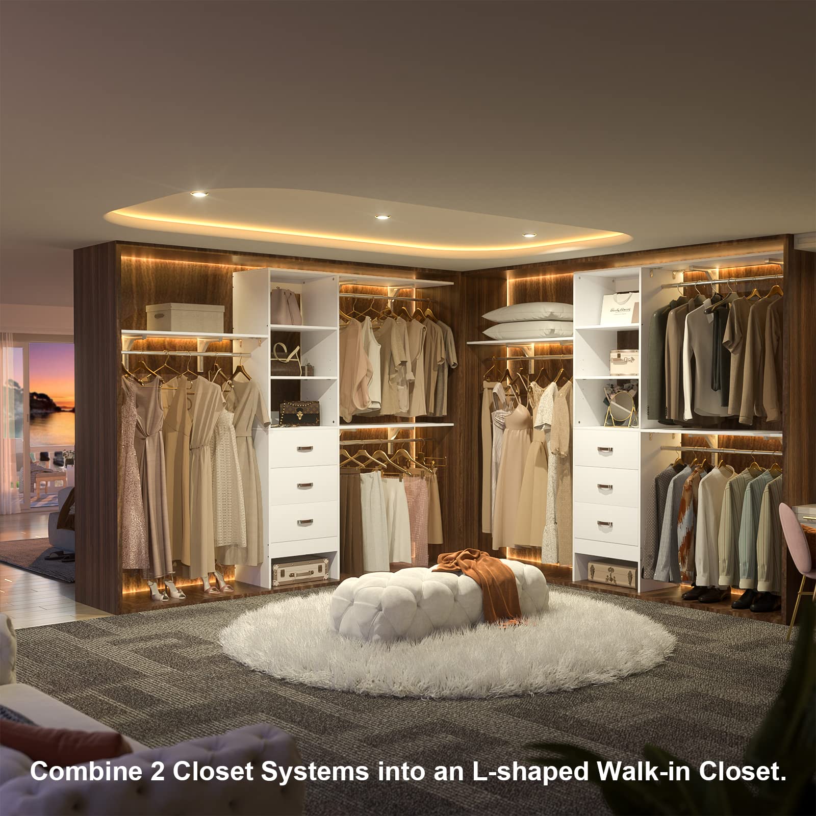 8FT Closet Organizer System - Adjustable Wall Mount Wardrobe with 3 Hanging Rods & 3 Drawers, White (Cut to Fit 5-8FT) - Perfect for Walk-in Closets, Bedroom Storage & Garment Organization