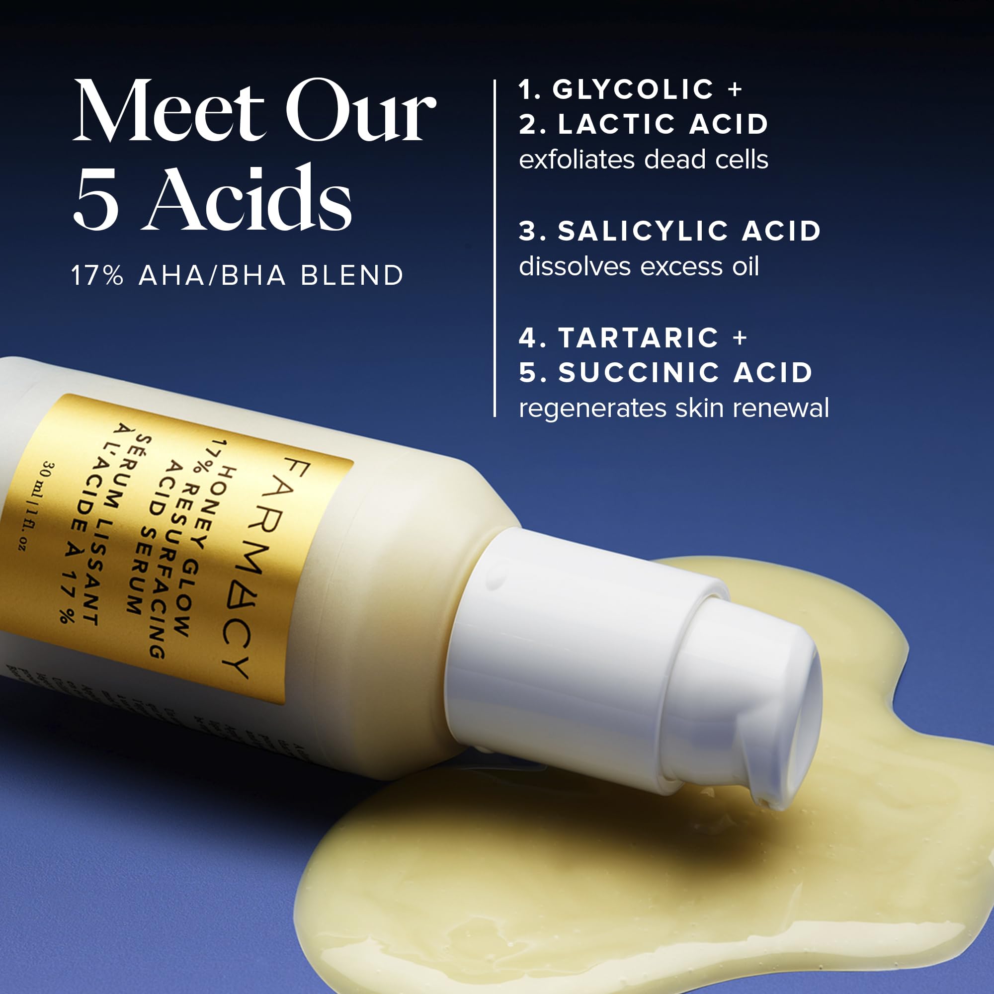Farmacy Honey Glow 17% AHA BHA Exfoliating Serum with Salicylic Acid - Pore Minimizing & Skin Resurfacing Treatment - Hydrating Face Serum for Smooth Texture & Radiant Glow (30ml) - Perfect for Nighttime Skincare Routine & Pre-Makeup Prep