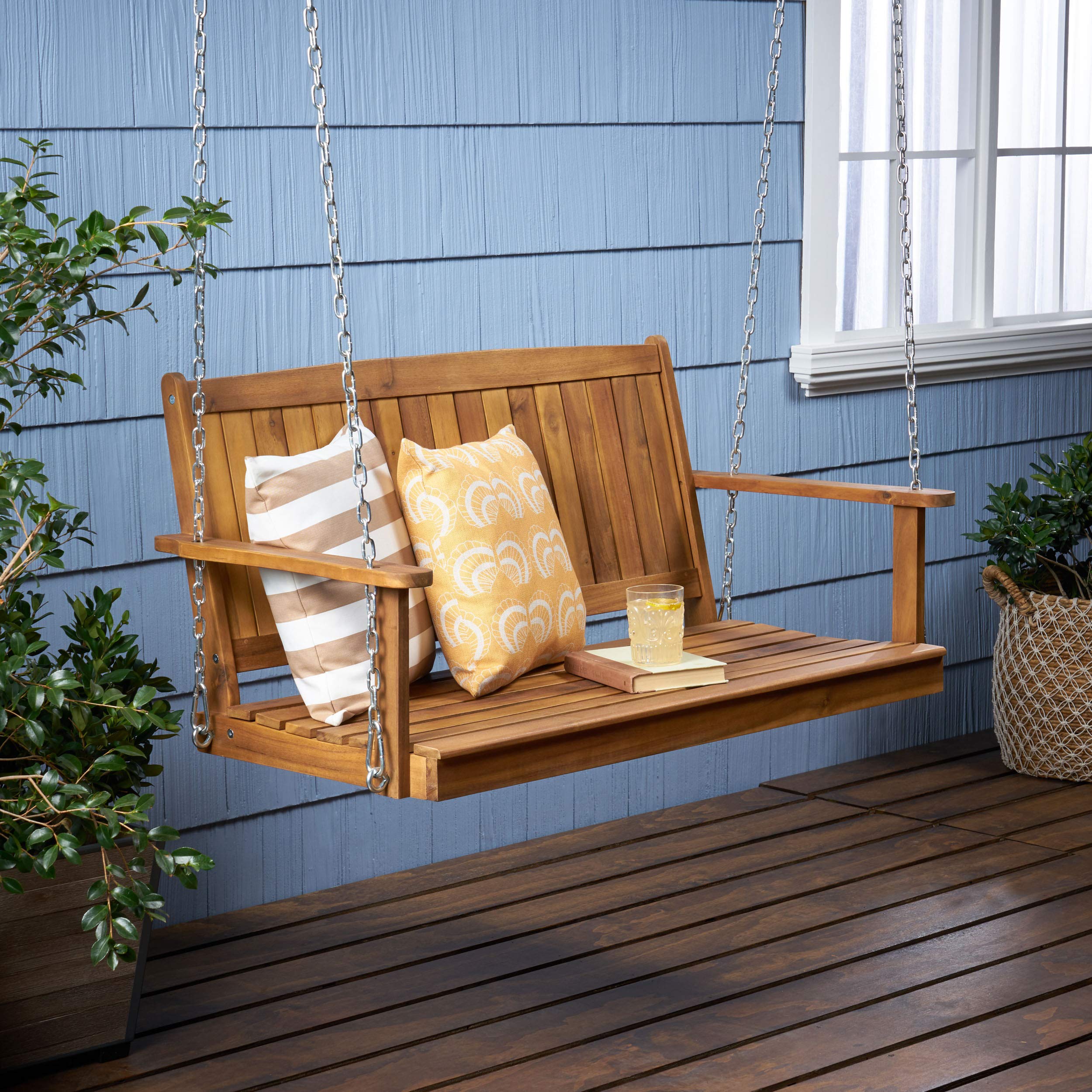 Premium Outdoor Aacia Wood Porch Swing - Teak Finish, Weather-Resistant Hanging Chair for Patio, Garden, Backyard & Deck Relaxation