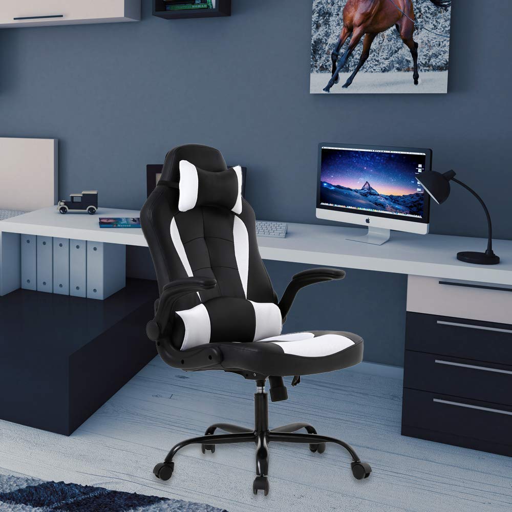 Ergonomic Gaming Chair - High Back PU Leather Office Chair with Adjustable Lumbar Support, Headrest & Massage Function - Swivel Reclining Computer Desk Chair for PC Gamers & Home Office Workers (White) - Perfect for Long Gaming Sessions & Remote Work Comfort