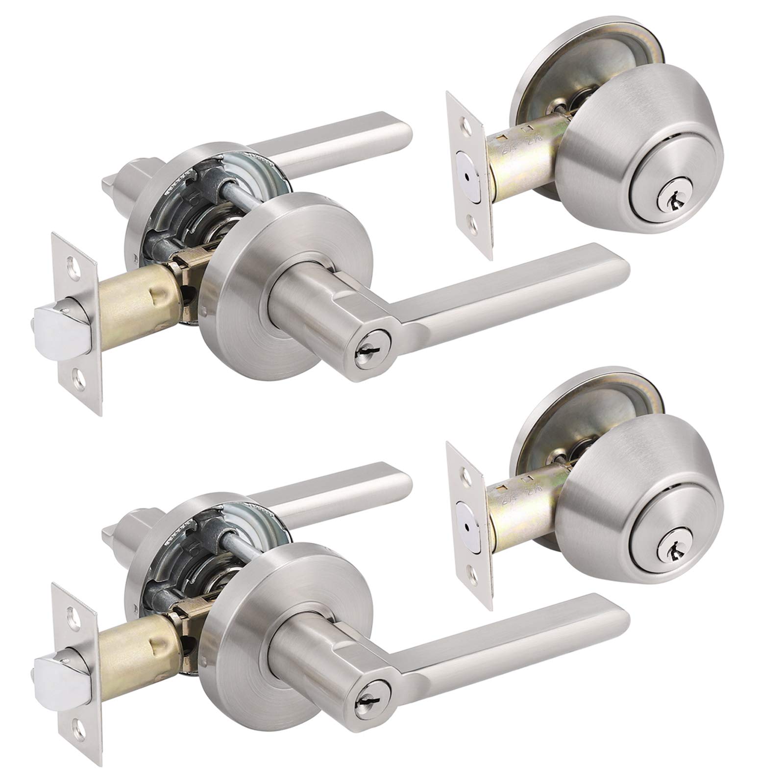 Gobrico Satin Nickel Front Door Entry Handle Locksets with Single Deadbolt Combo Set - Keyed Alike Universal Door Lever for Entrance with Inside Lock (2 Pack) - Perfect for Home, Office & Apartment Security