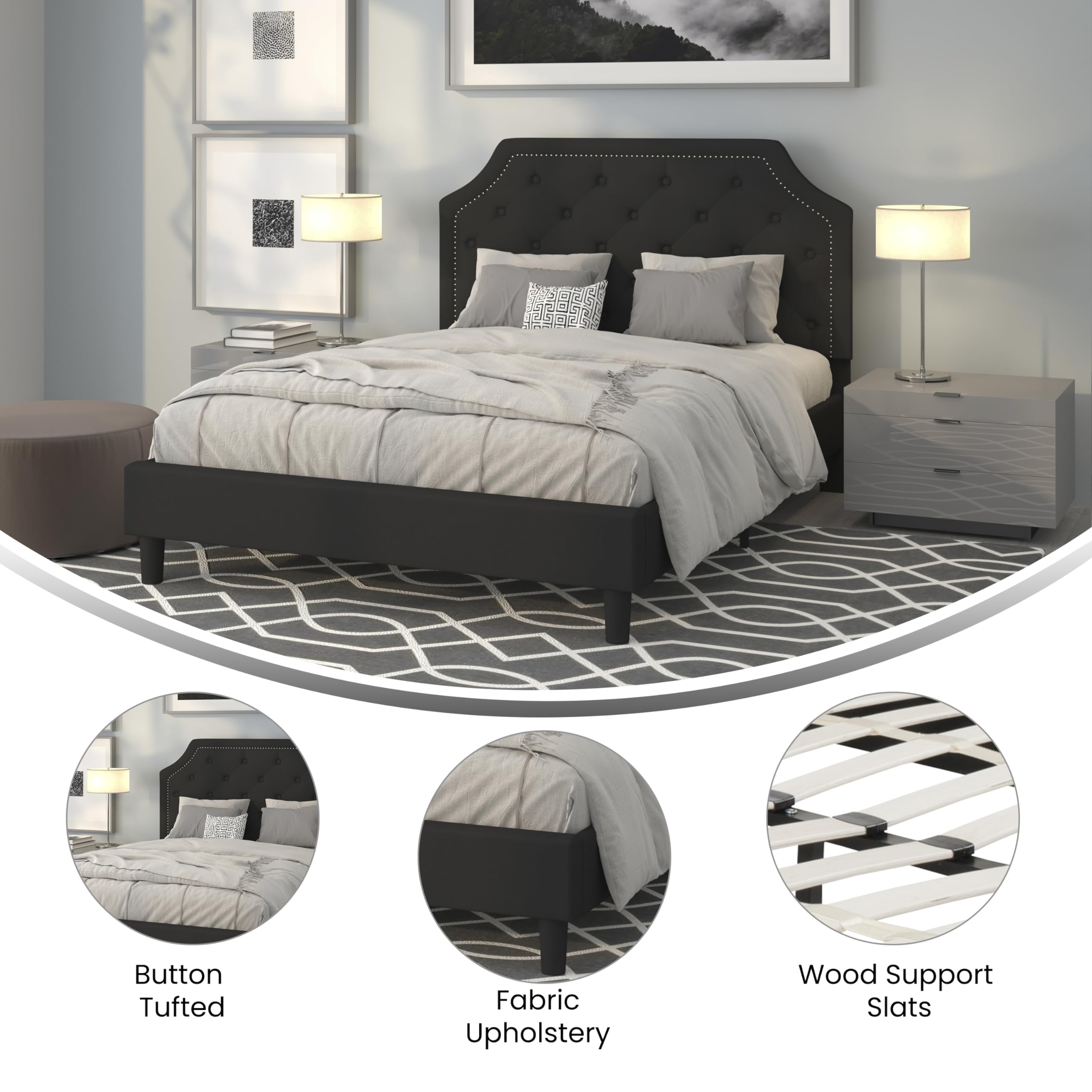 Queen Size Arched Tufted Upholstered Platform Bed Frame with Headboard - Black Fabric Luxury Bedroom Furniture for Master Bedroom & Guest Room