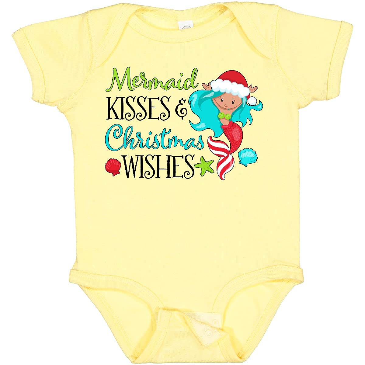 Inktastic Mermaid Kisses and Christmas Wishes with Seashells Baby Bodysuit - Cute Holiday Outfit for Infants, Perfect for Christmas Photos & Beach Vacations