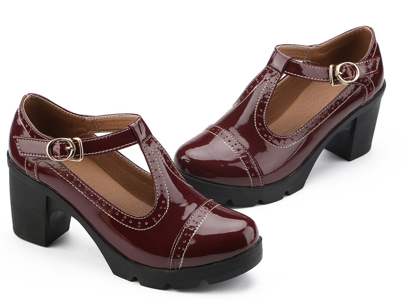 DADAWEN Women's Classic T-Strap Platform Oxford Shoes - Mid Heel Square Toe Dress Pumps for Work, Party & Wedding | Comfortable & Stylish Women's Formal Shoes