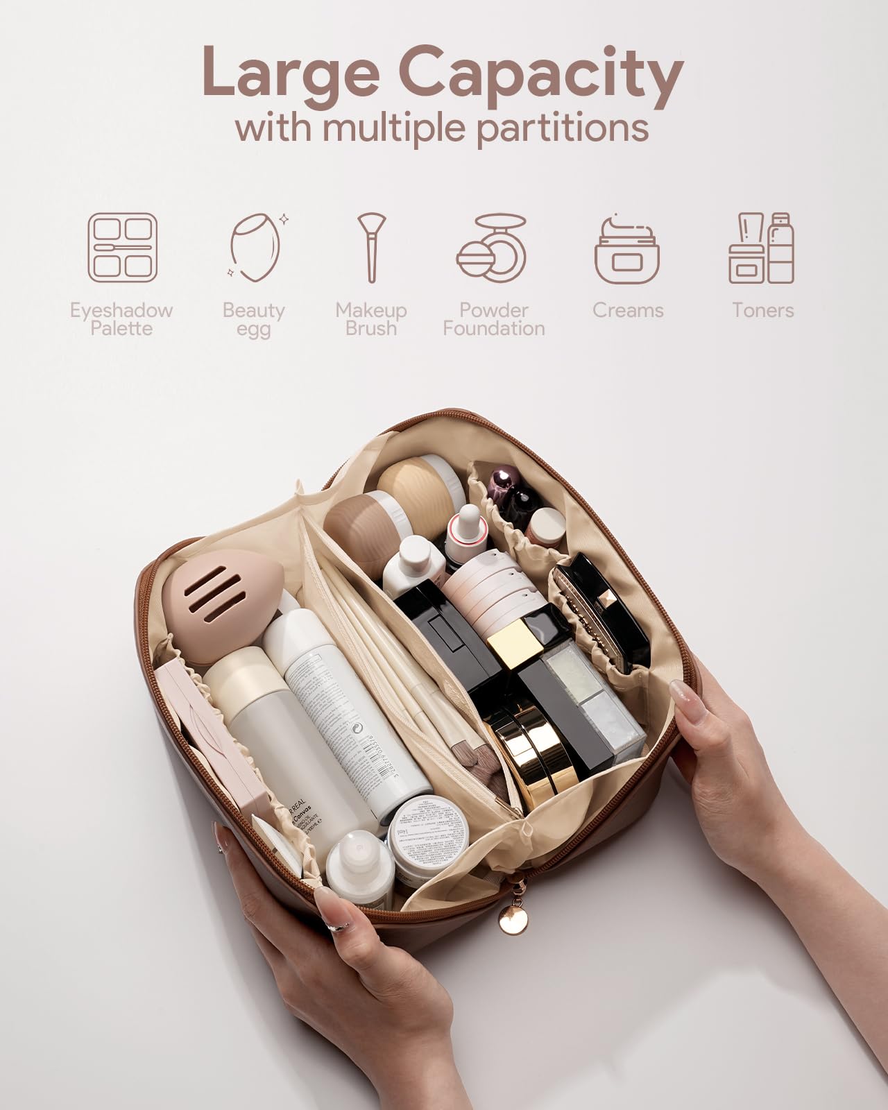 Travel Makeup Bag with Leak-Proof Toiletry Containers - Mini Cream Jars, Refillable Perfume Bottles & Sponge Holder | Perfect for Airplane Carry-On & Vacation Essentials