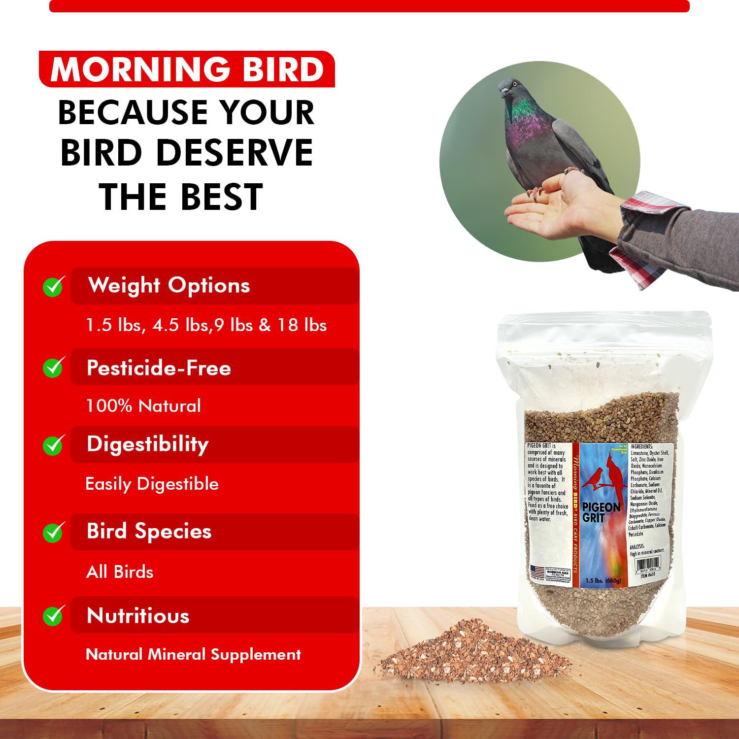 Morning Bird Pigeon Grit - Premium Natural Mineral Supplement for All Bird Species | Supports Strong Muscles & Bones | Easy to Digest Nutritious Bird Food (1.5 lbs) - Ideal for Pigeons, Doves, Parrots & Backyard Birds