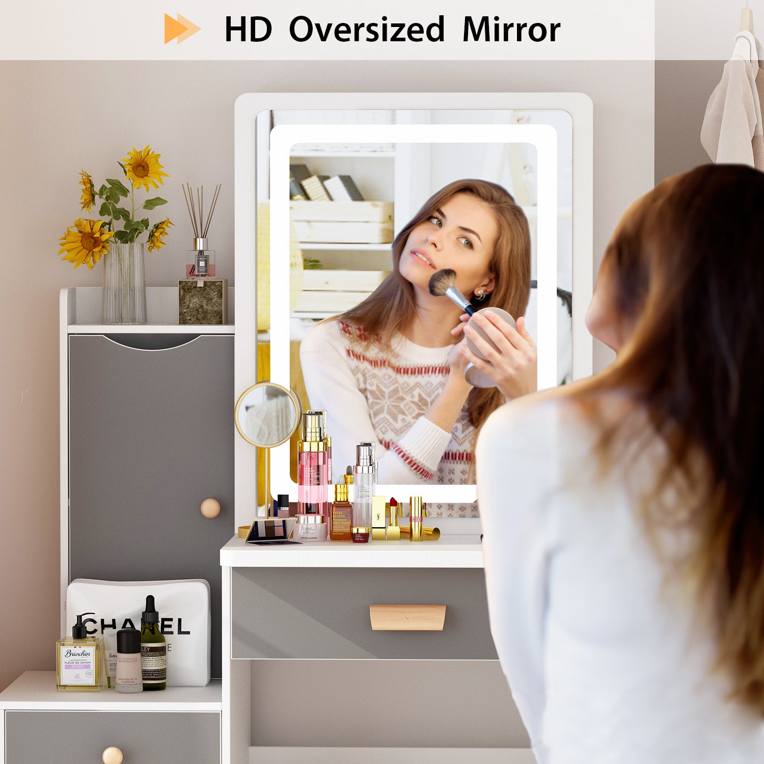 Vanity Set with Sliding Mirror, 4 Drawers & Shelves - Includes Cushioned Stool for Makeup & Dressing Room Organization - Perfect for Bedroom, Bathroom & Beauty Salon Decor