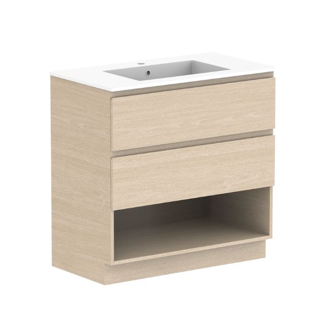 ADP Glacier Lite Shelf Twin Floor Standing Vanity with Cast Marble Top - Modern Bathroom Vanity Set with Dual Sinks & Storage for Master Bath, Guest Bathroom or Powder Room