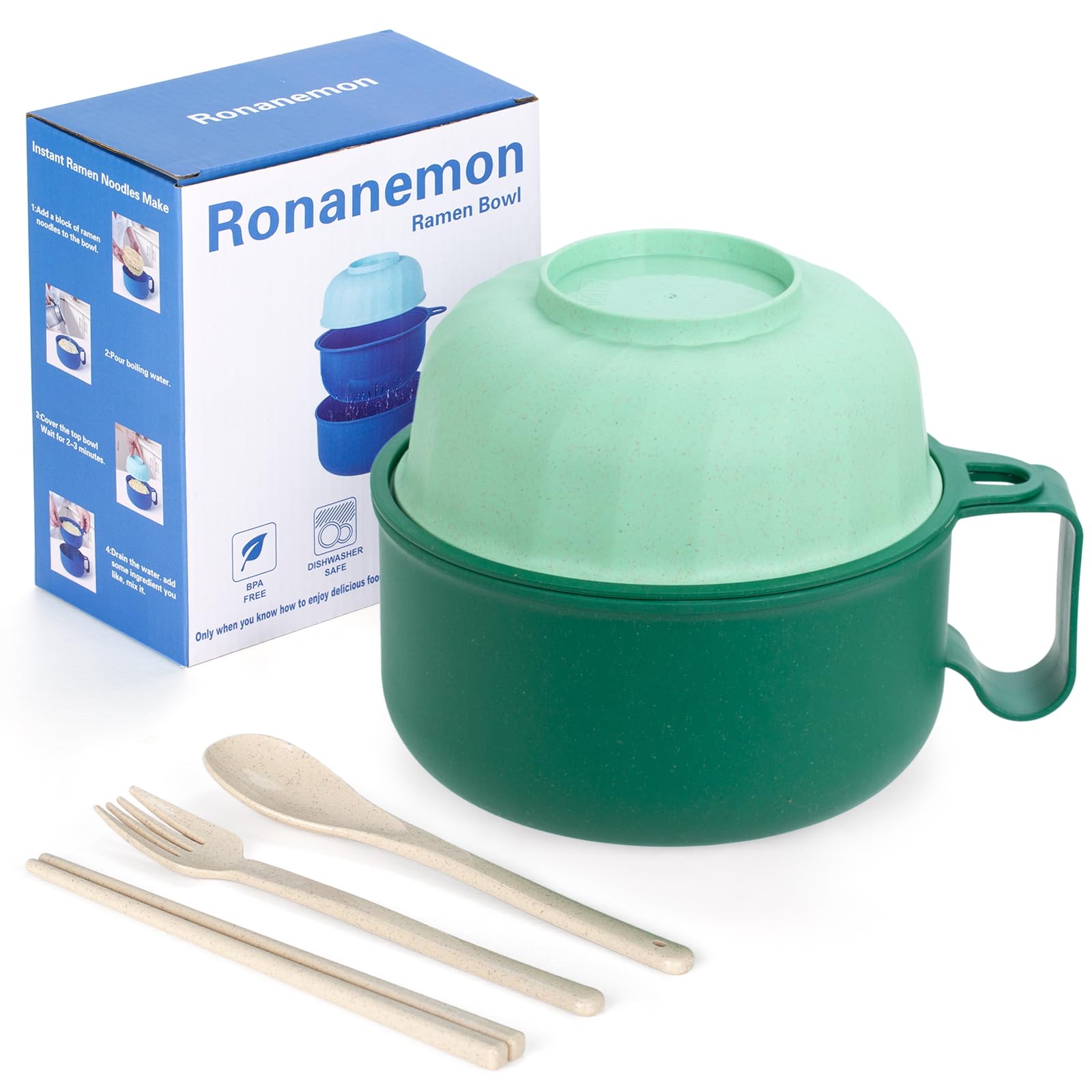 40oz Unbreakable Ramen Bowl with Strainer - BPA Free Portable Noodle Cooker for Dorm, Camping & RV Travel (Green)