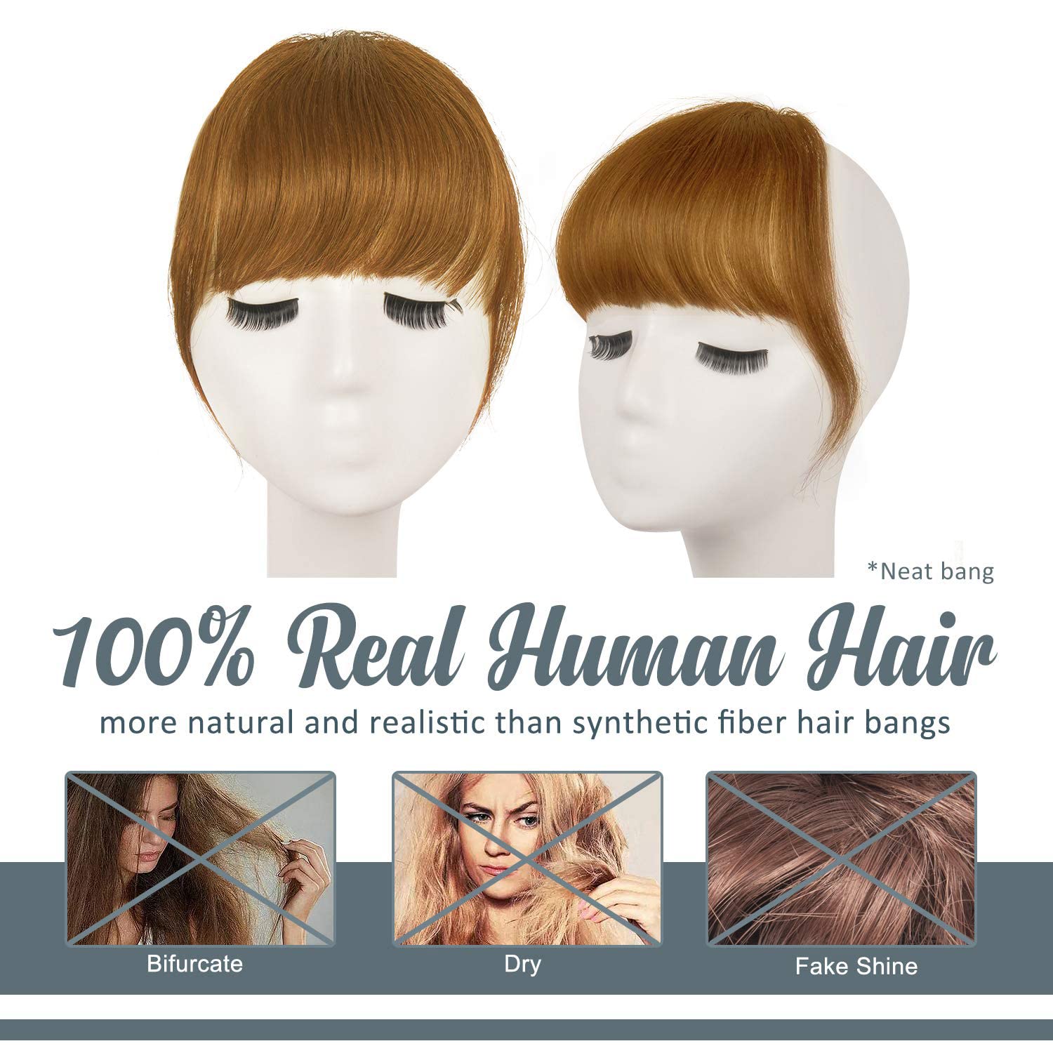 BARSDAR Clip-In Human Hair Bangs for Women - Ginger Blonde Thick Fringe Extensions with Temples (Dyeable Real Hair) - Perfect for Everyday Wear, Cosplay & Hair Styling