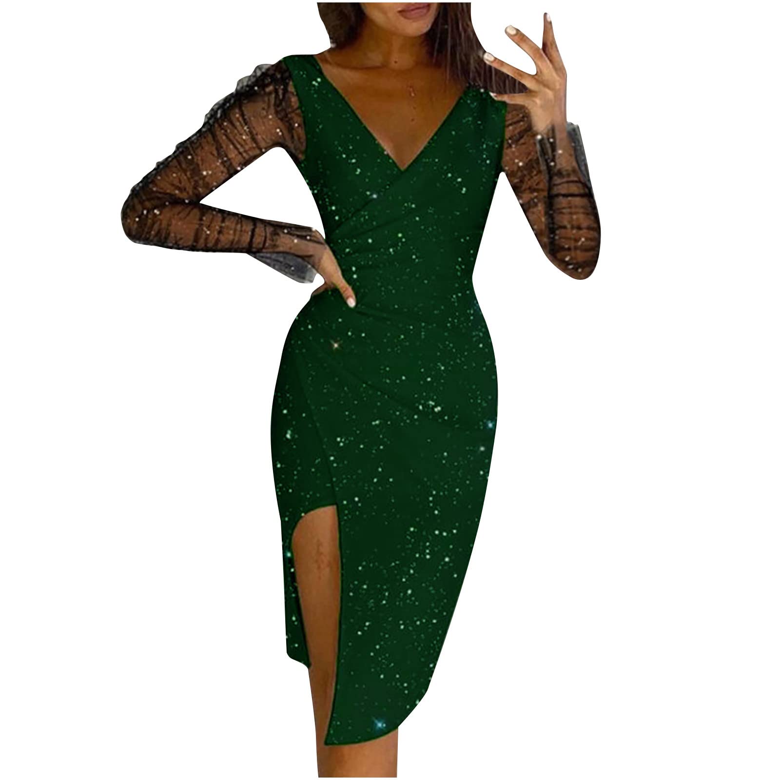 Elegant Long Sleeve Sheer Mesh V-Neck Midi Dress with Slit - Women's Formal Cocktail Party Evening Gown - Perfect for Weddings, Galas, and Special Occasions