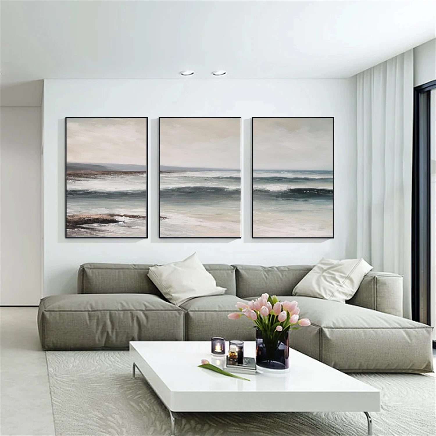 Ocean and Sky Wall Art Set of 3 - Coastal Beach Decor Paintings for Living Room, Bedroom & Office - Modern Seascape Canvas Prints (OS 260)