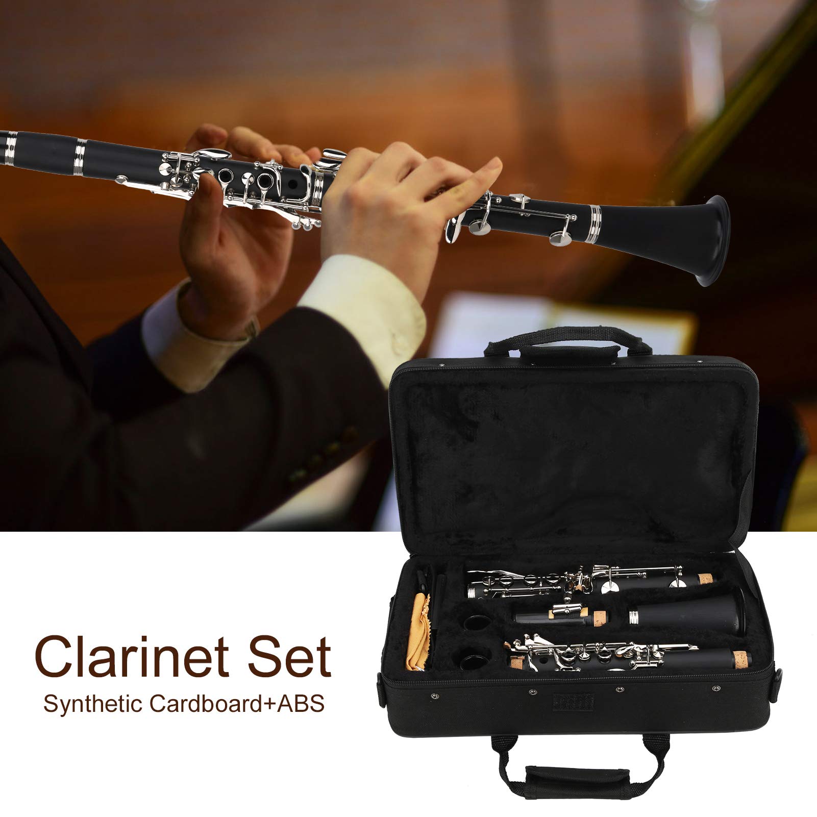Professional Bb Clarinet with 17 Nickel Keys - Best Beginner Student Clarinet for Woodwind Band & Orchestra - Includes Hard Case & Cleaning Kit (Black) - Perfect for School Performances, Music Practice & Marching Band